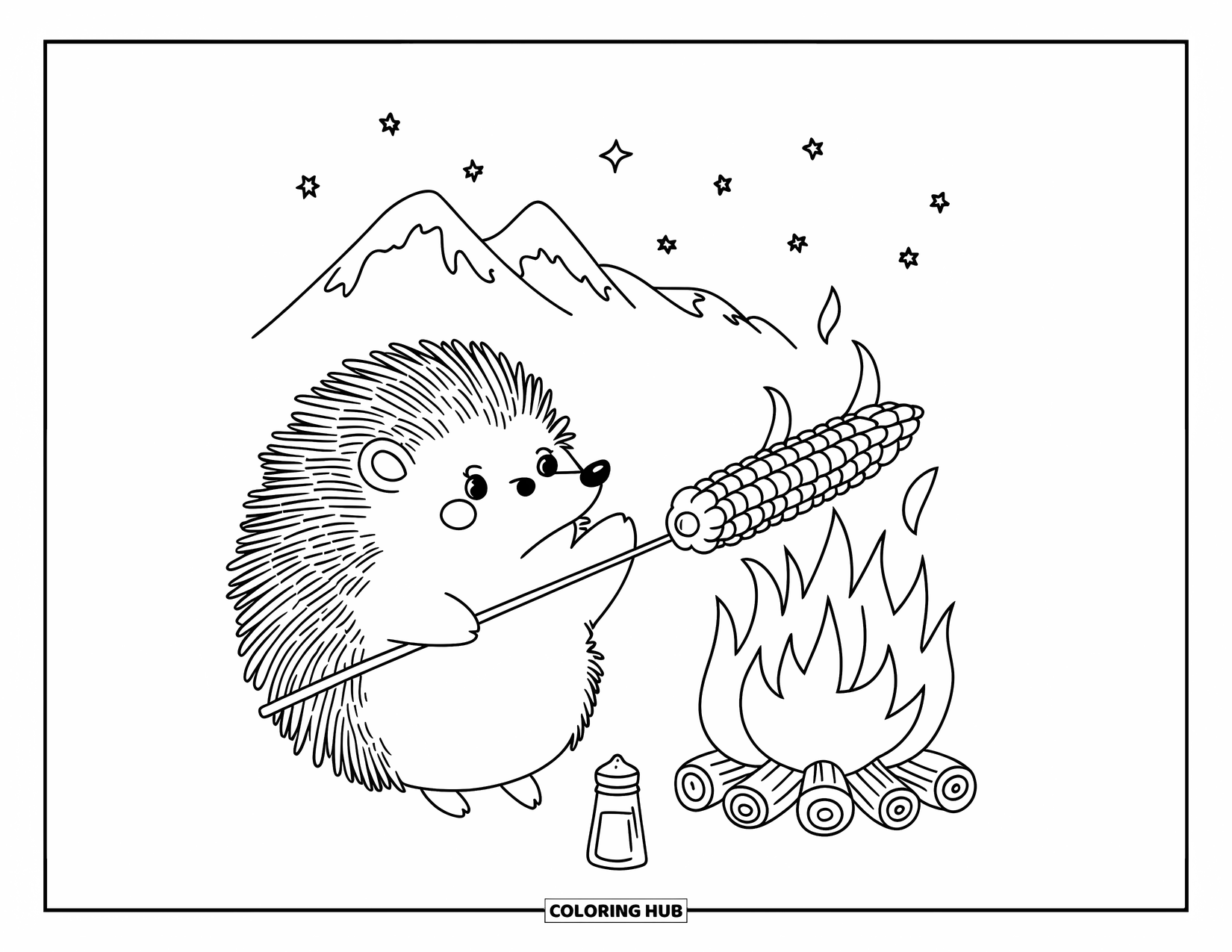 Camping Coloring Page for Adults: A hedgehog in a striped hat toasting corn by a campfire under a starry sky