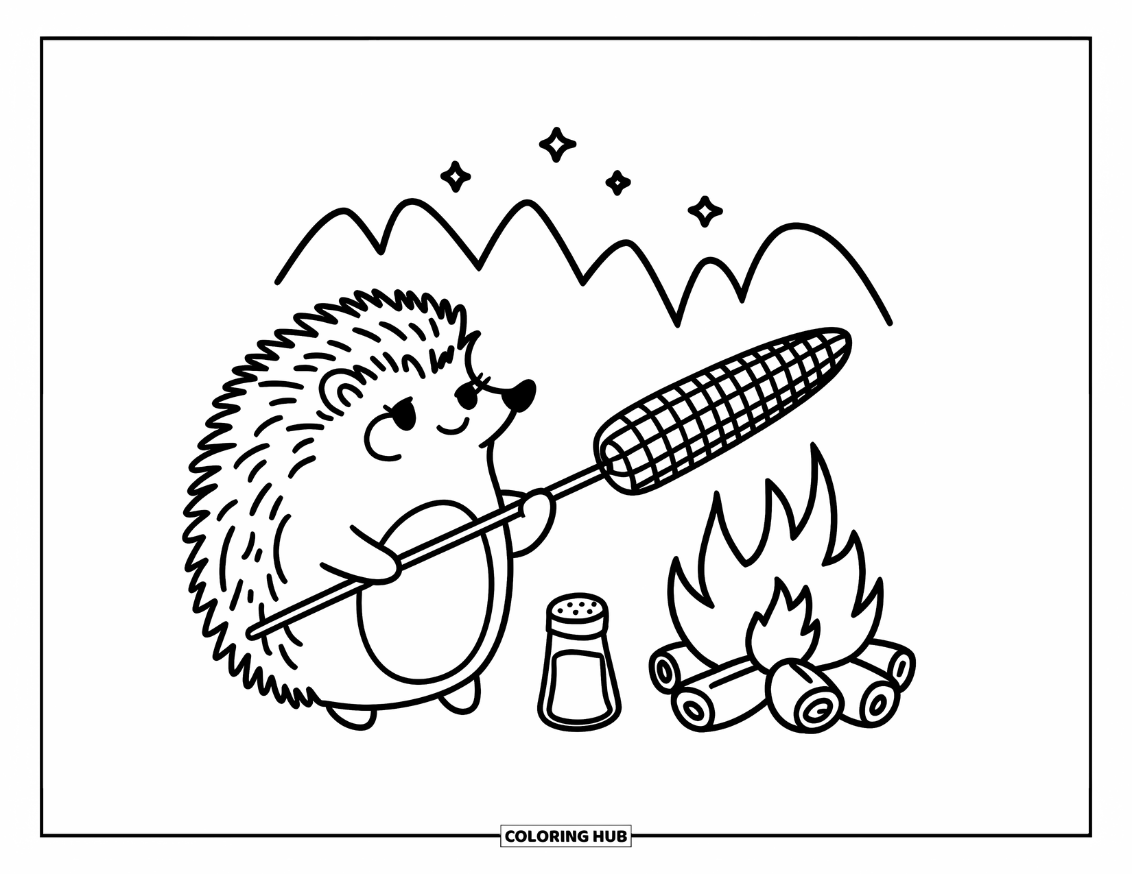 Camping Coloring Page for Adults: A hedgehog roasting corn over a fire, with a tiny salt shaker beside it