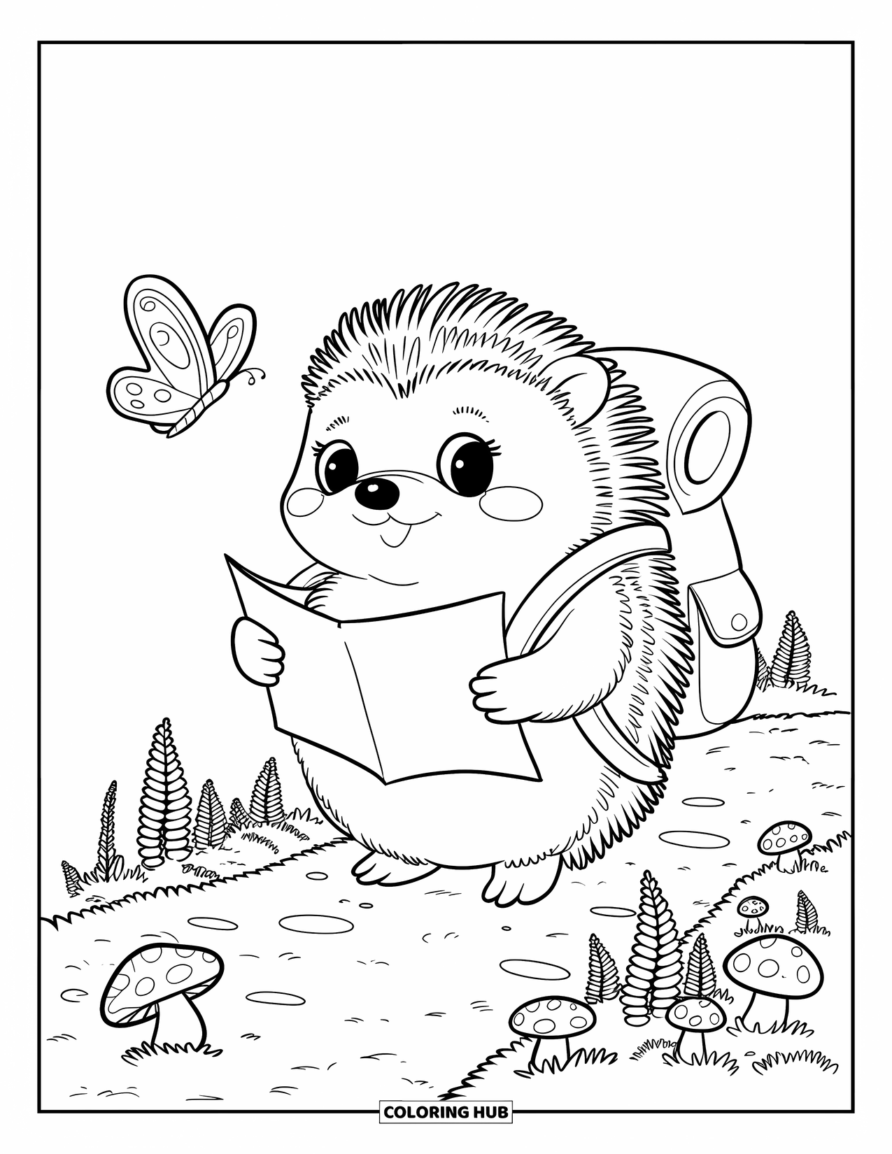 Camping Coloring Page for Adults: A hedgehog with a backpack, looking at a map as a butterfly flutters past