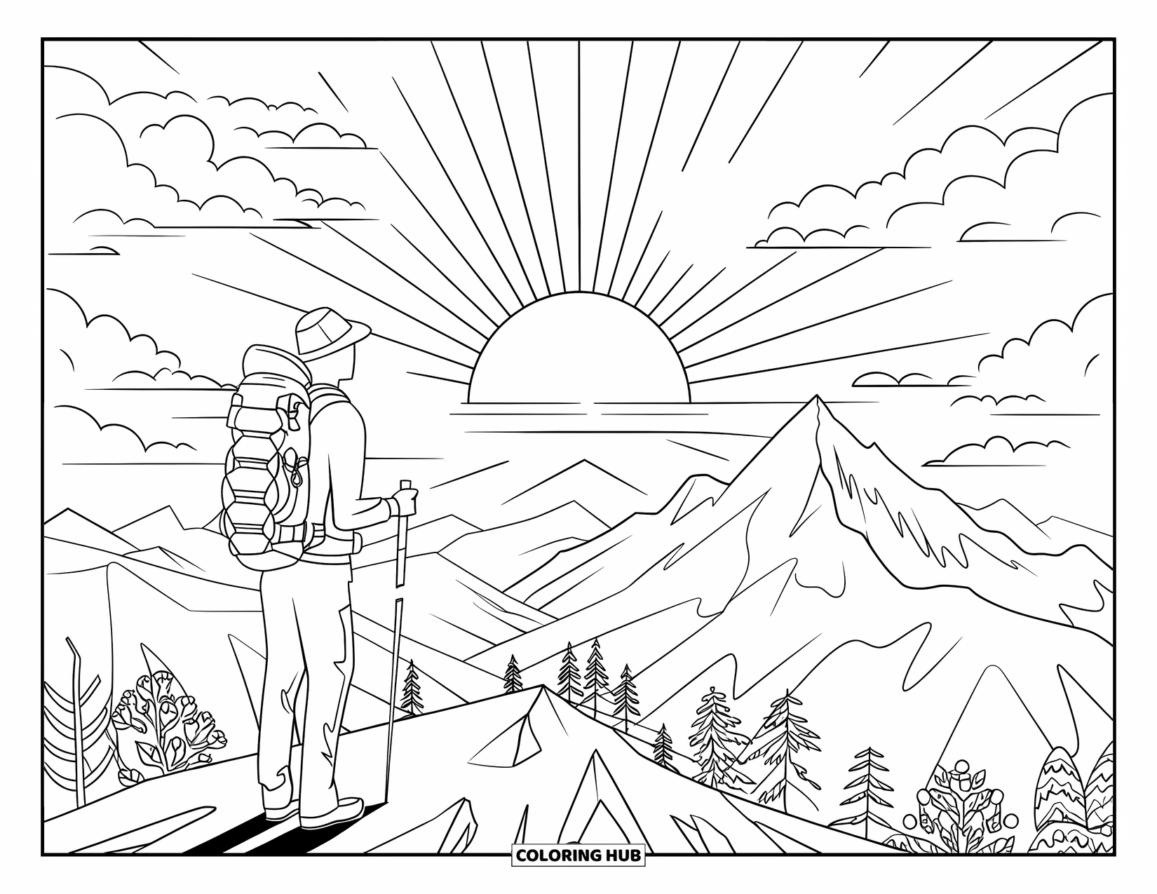 Camping Coloring Page for Adults: A hiker stands on a mountain ridge, admiring the sunrise with a vast landscape below