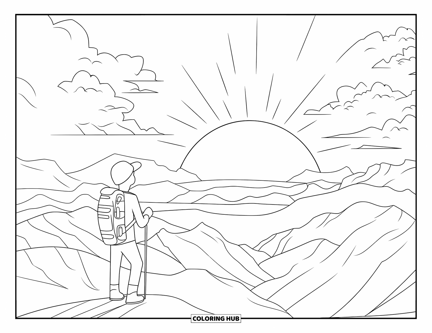 Camping Coloring Page for Adults: A hiker's silhouette watches the sunrise, surrounded by mountains and rolling clouds