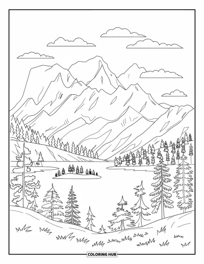 Camping Coloring Page for Adults: A lake with a small island, framed by mountains, fluffy clouds, and grassy shores