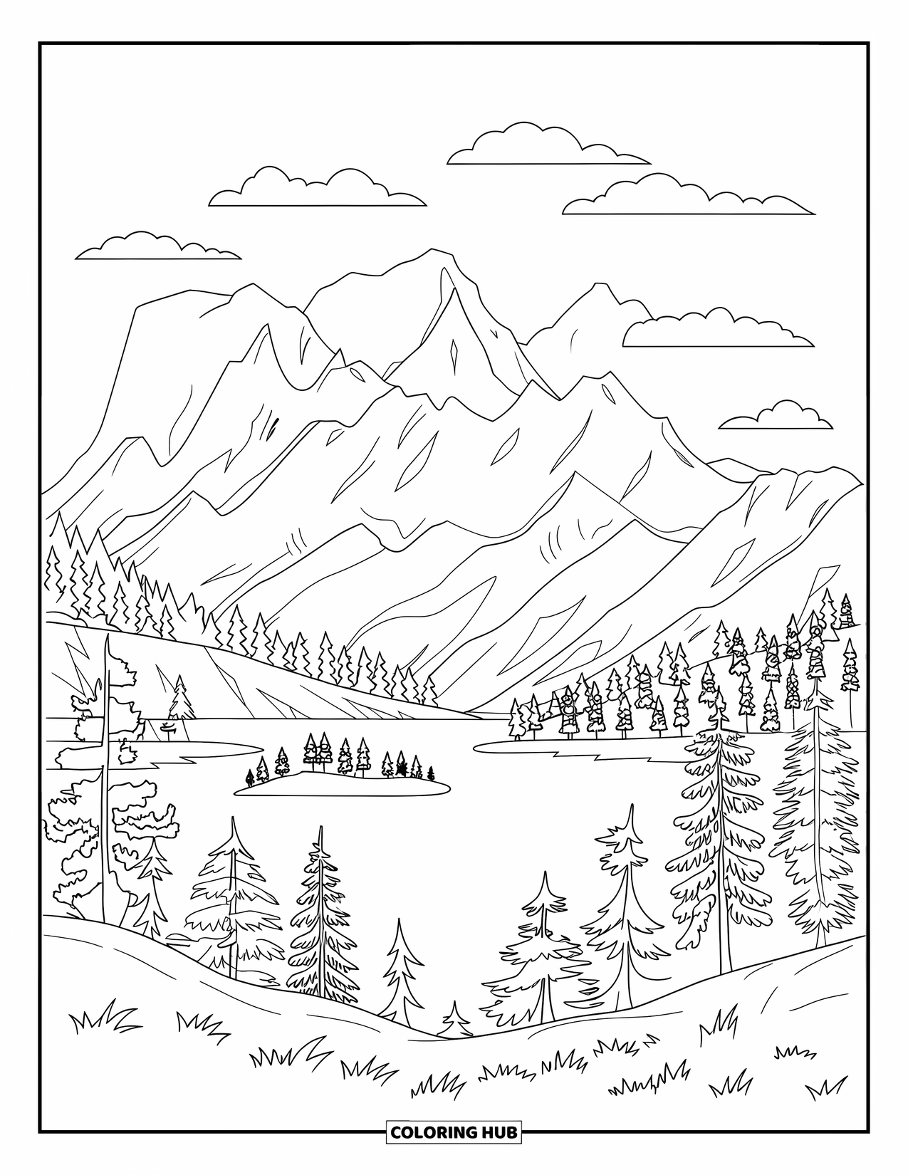 Camping Coloring Page for Adults: A lake with a small island, framed by mountains, fluffy clouds, and grassy shores