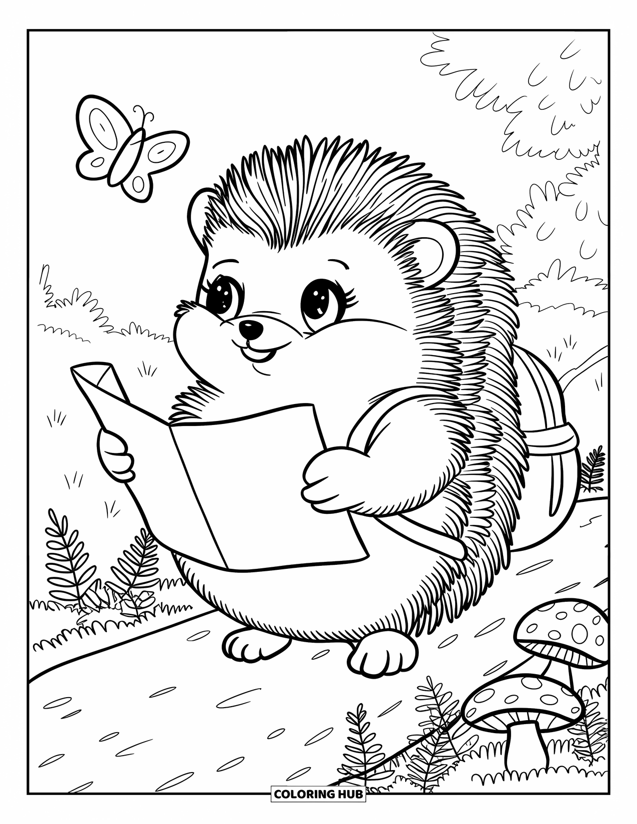 Camping Coloring Page for Adults: A little hedgehog with a map, wandering through a forest trail with tiny ferns