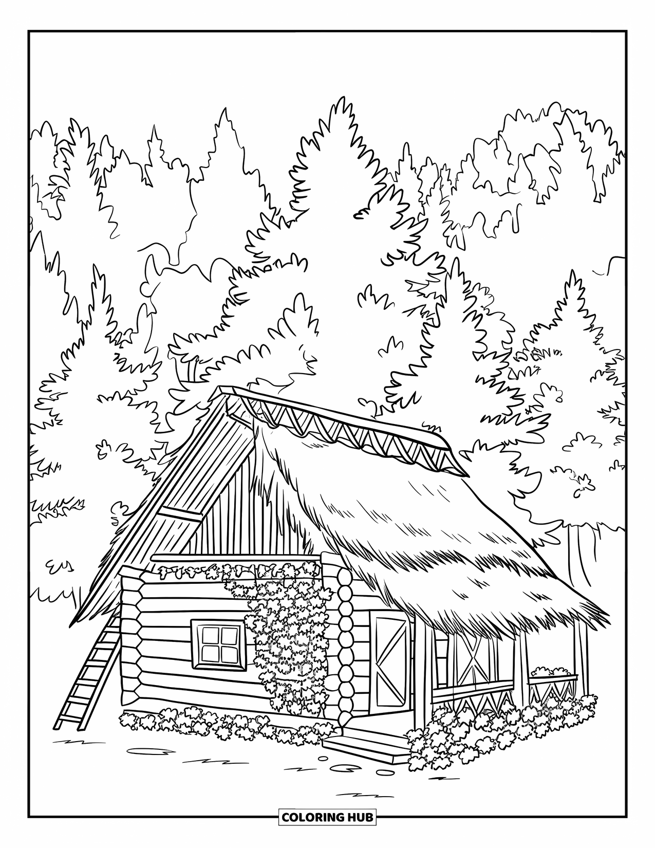 Camping Coloring Page for Adults: A log cabin with a ladder, ivy-covered walls, and a forest backdrop
