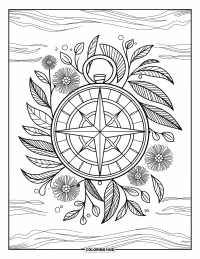 Camping Coloring Page for Adults: A mandala-inspired compass, surrounded by layers of wildflowers, leaves, and vines