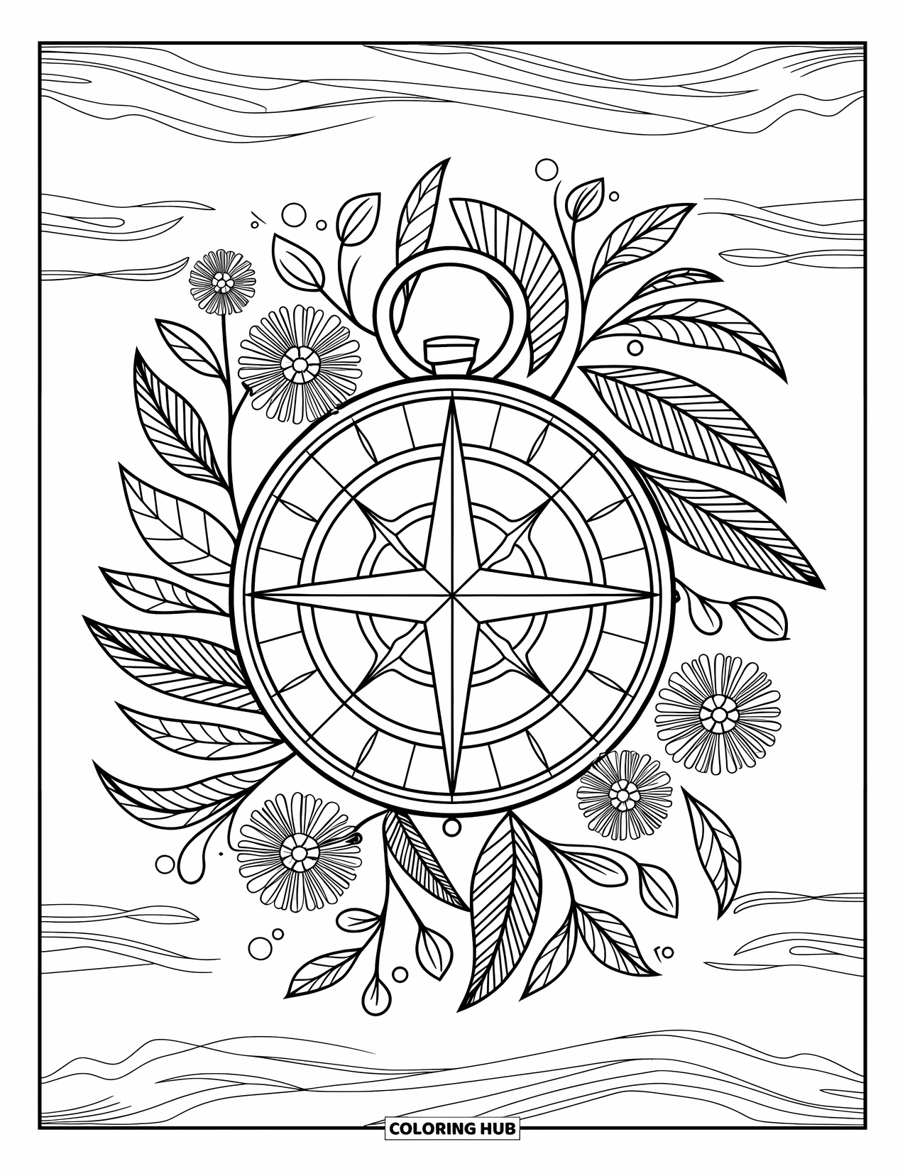 Camping Coloring Page for Adults: A mandala-inspired compass, surrounded by layers of wildflowers, leaves, and vines