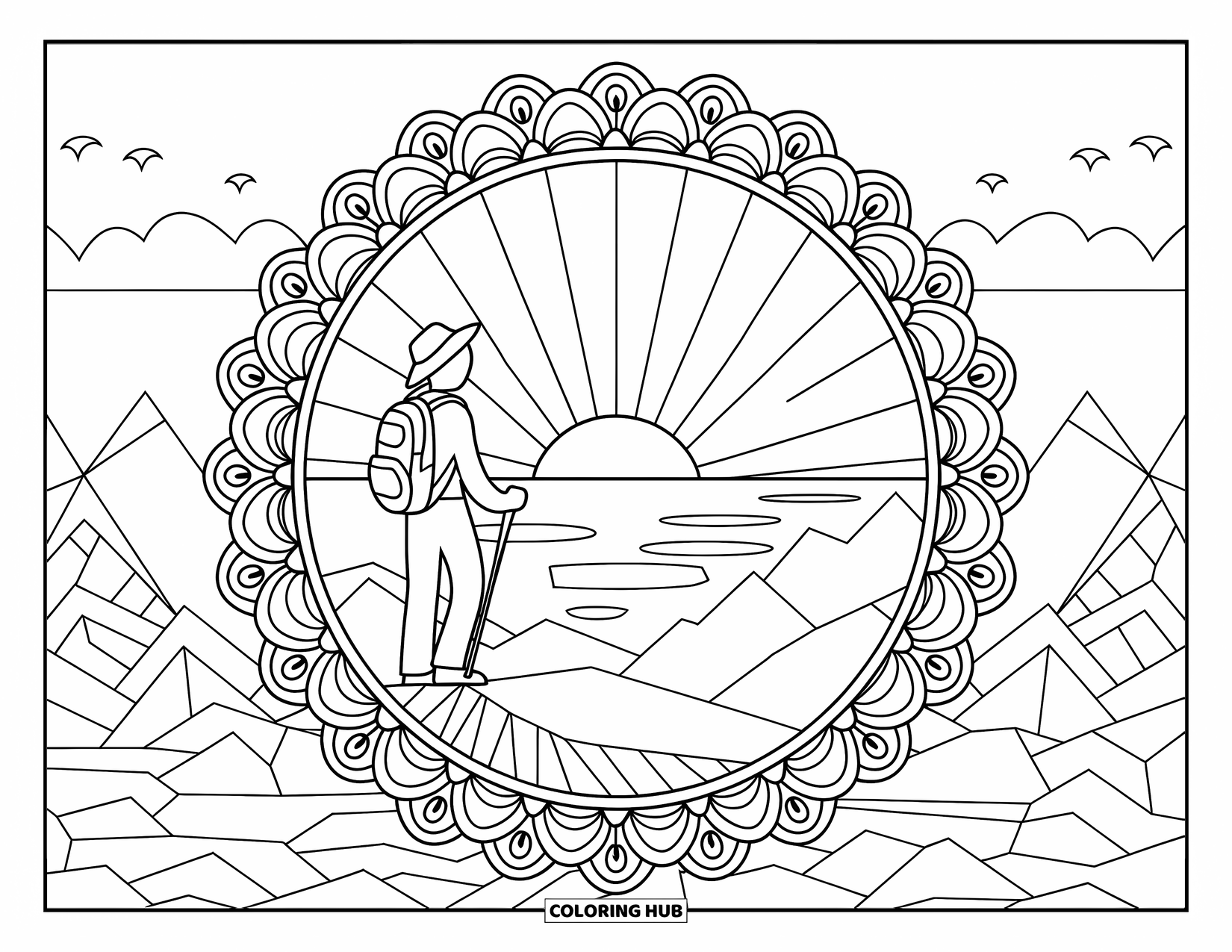 Camping Coloring Page for Adults: A mandala-style hiker stands on a ridge, framed by intricate patterns and a rising sun