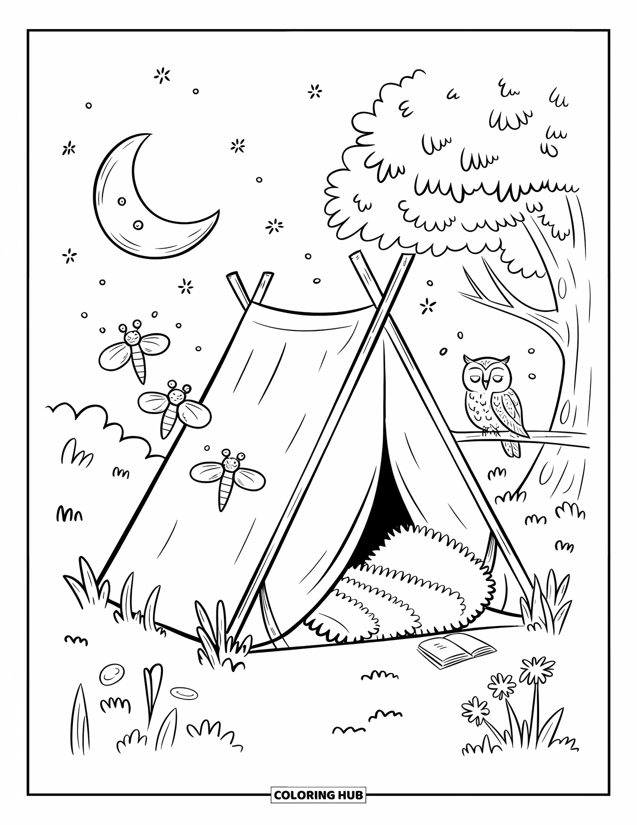 Camping Coloring Page for Adults: A moonlit tent scene with an owl, fireflies, and a book resting at the entrance