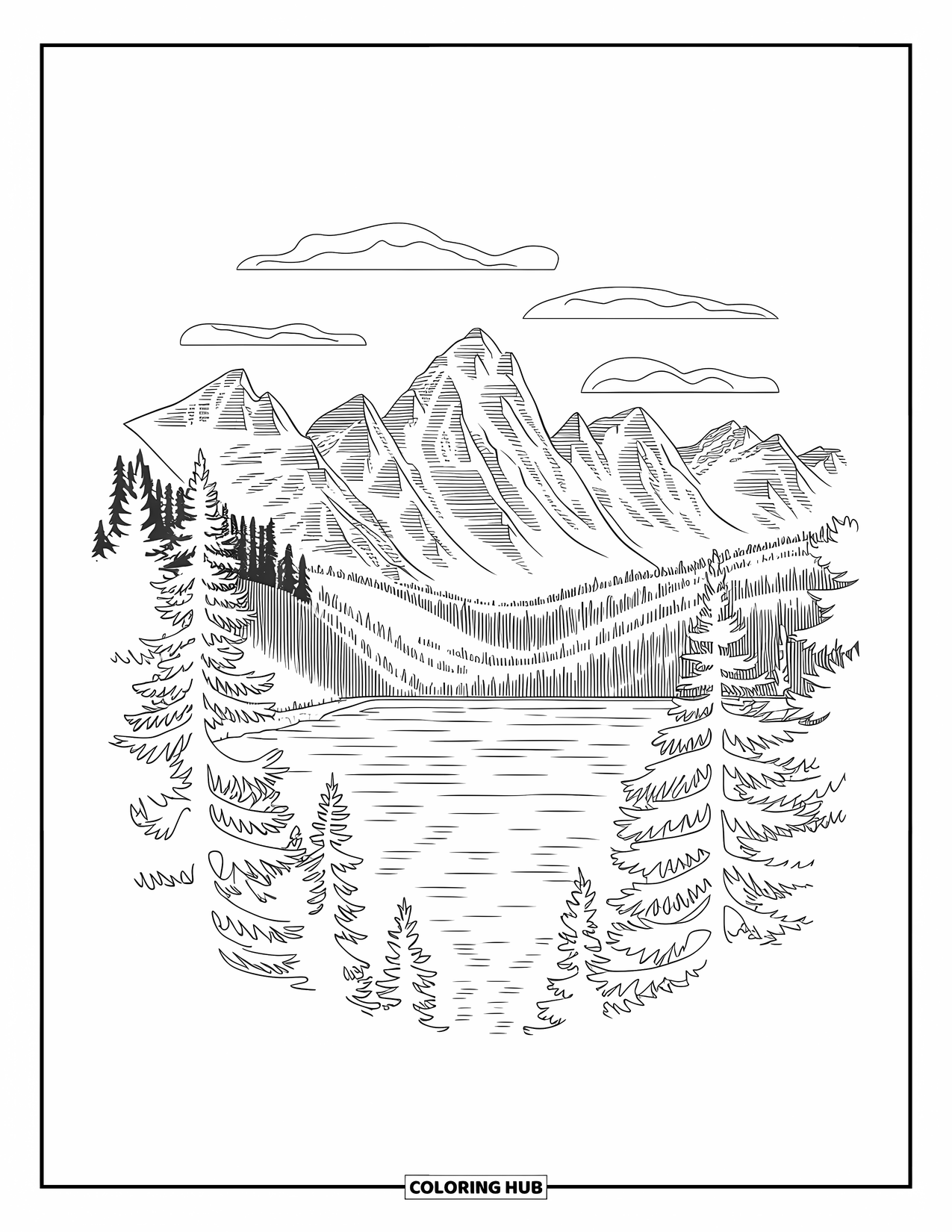 Camping Coloring Page for Adults: A mountain range with a reflective lake and a dense forest in the foreground