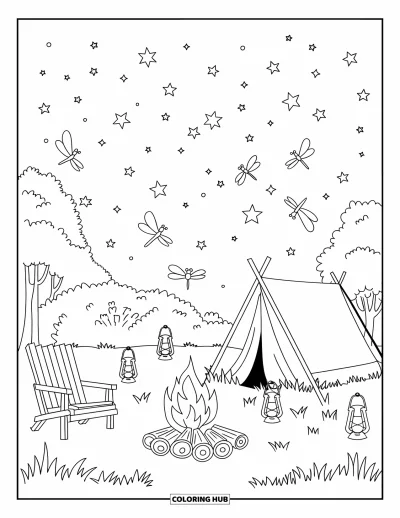 Camping Coloring Page for Adults: A peaceful night campsite with a glowing tent, fireflies, and lantern-lit trees