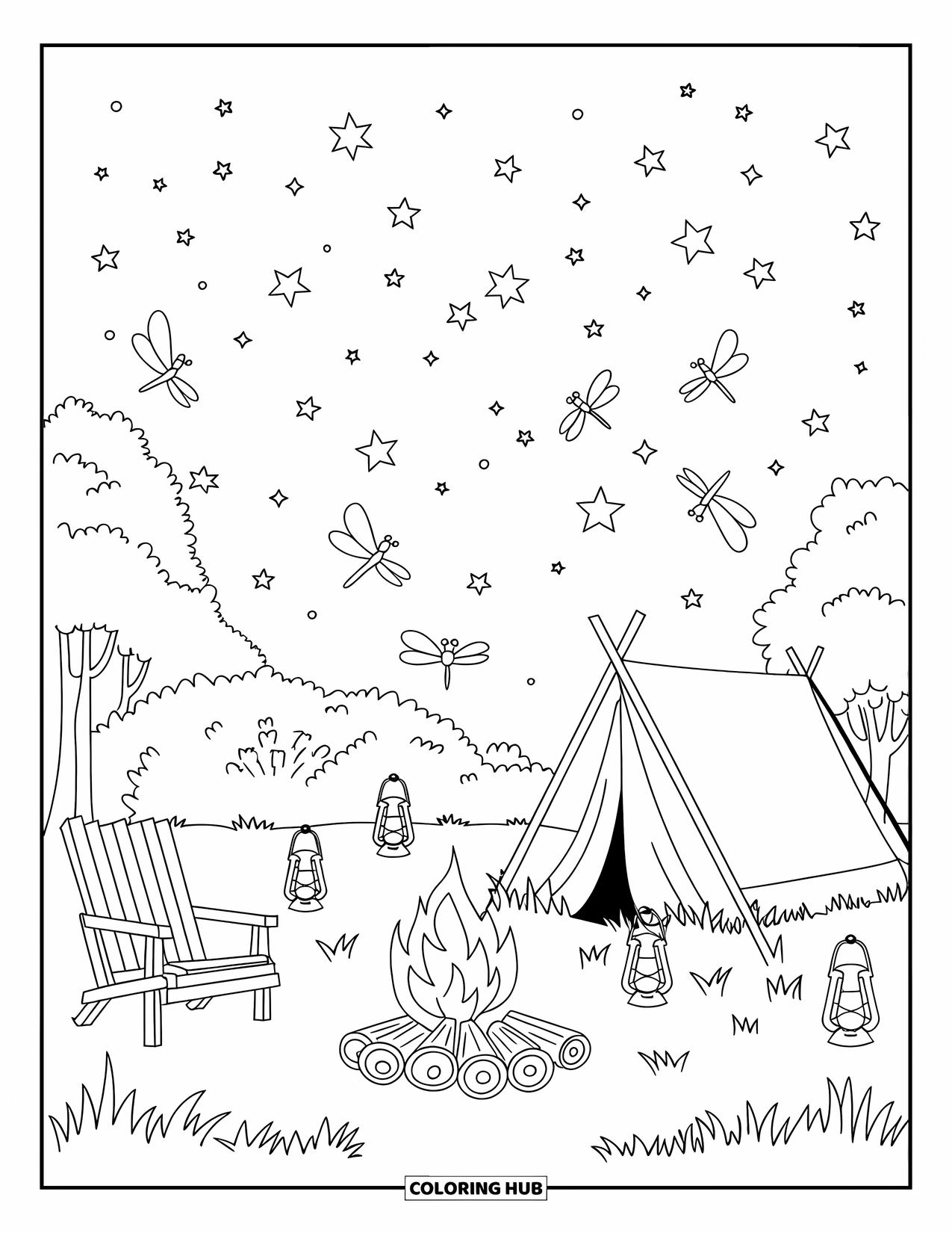 Camping Coloring Page for Adults: A peaceful night campsite with a glowing tent, fireflies, and lantern-lit trees