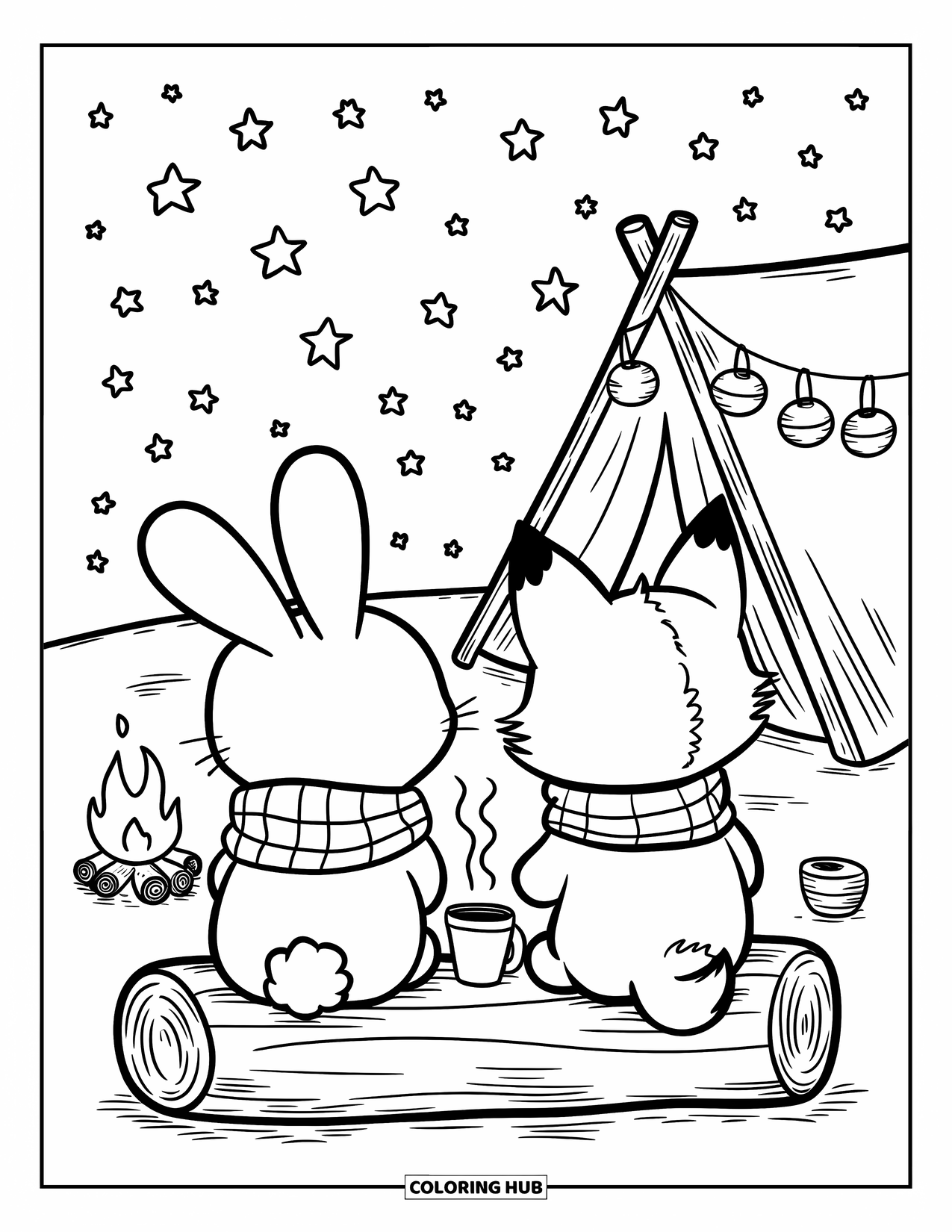 Camping Coloring Page for Adults: A peaceful night scene with a fox, bunny, and lantern-lit tent in the background