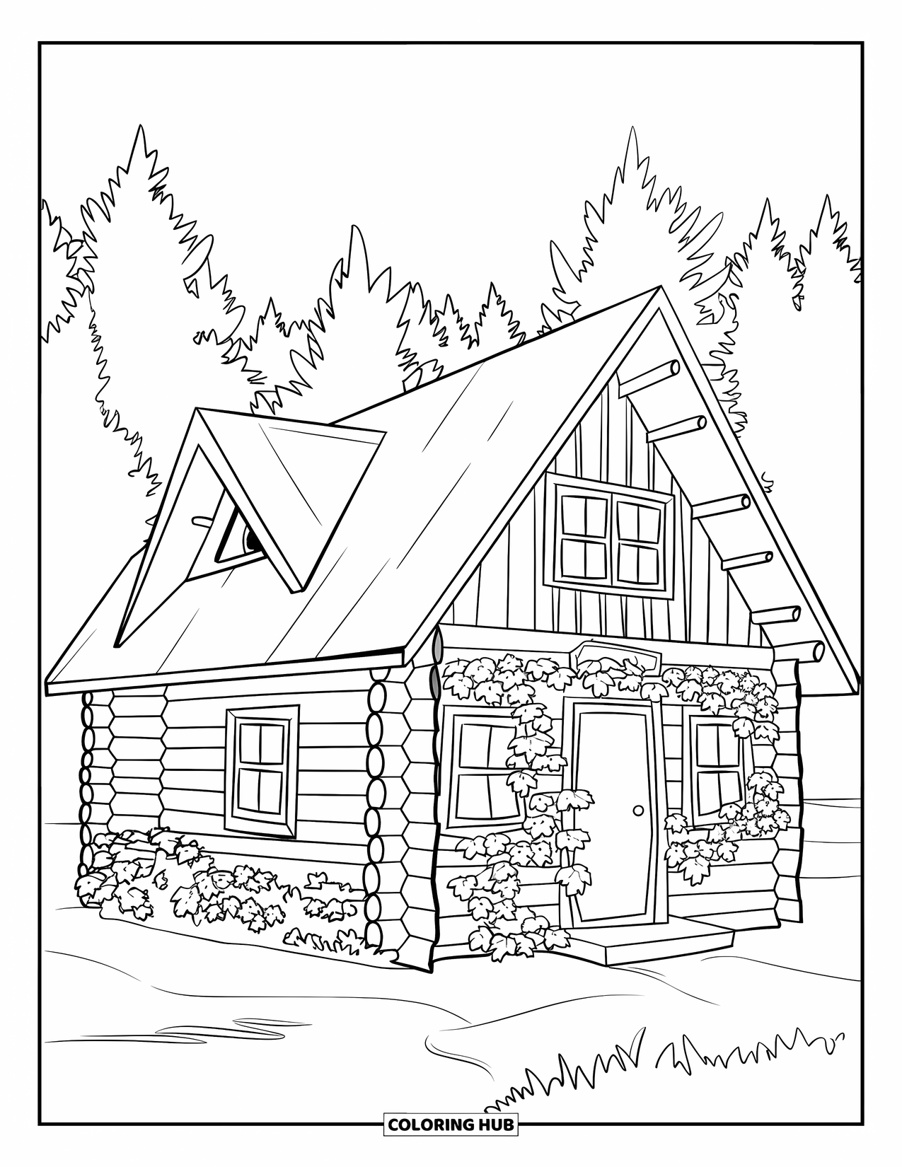 Camping Coloring Page for Adults: A rustic log cabin with ivy climbing its walls, nestled among towering pine trees