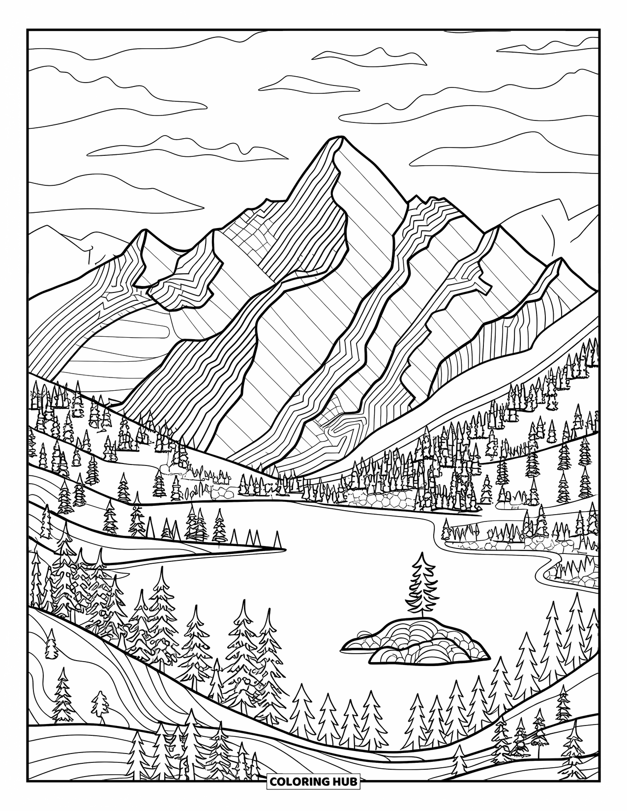 Camping Coloring Page for Adults: A scenic mountain landscape with a lake, islands, and detailed trees in the forest