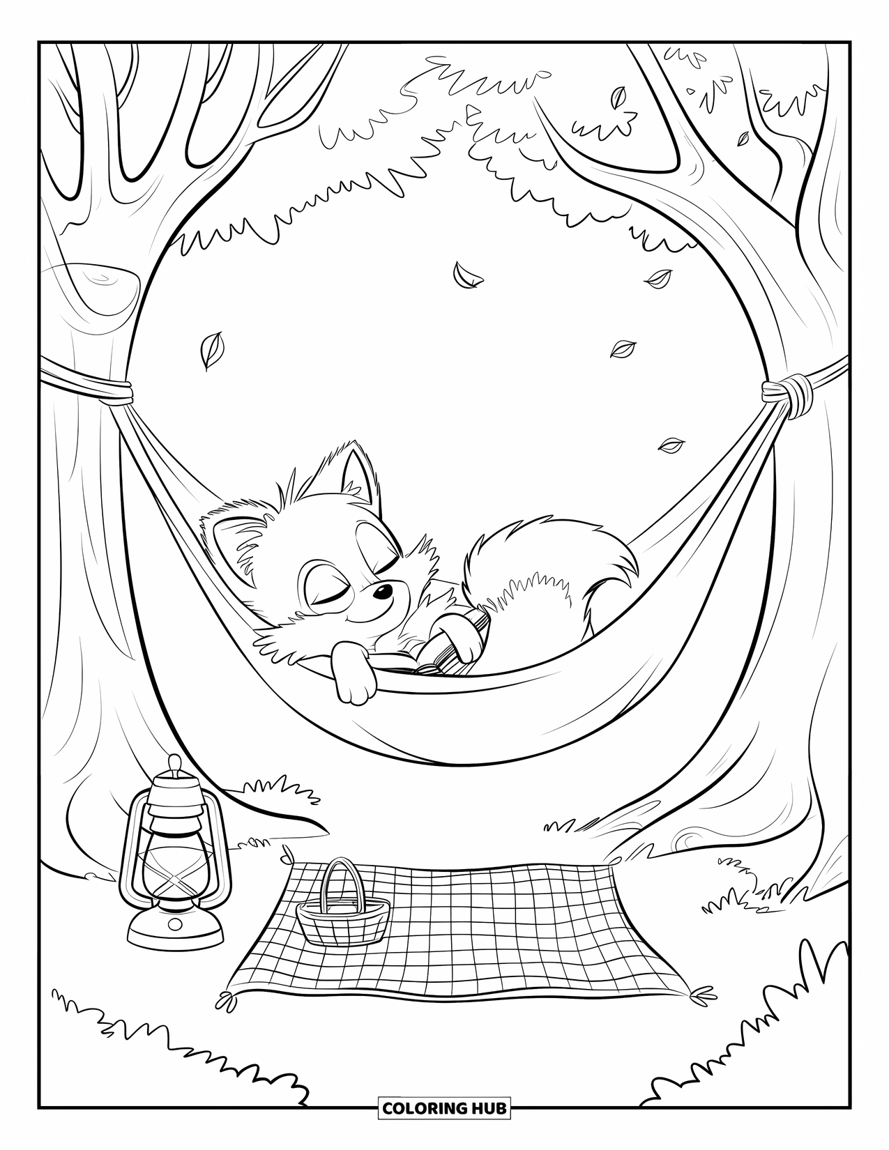 Camping Coloring Page for Adults: A sleepy fox in a hammock swaying under trees, with leaves drifting around