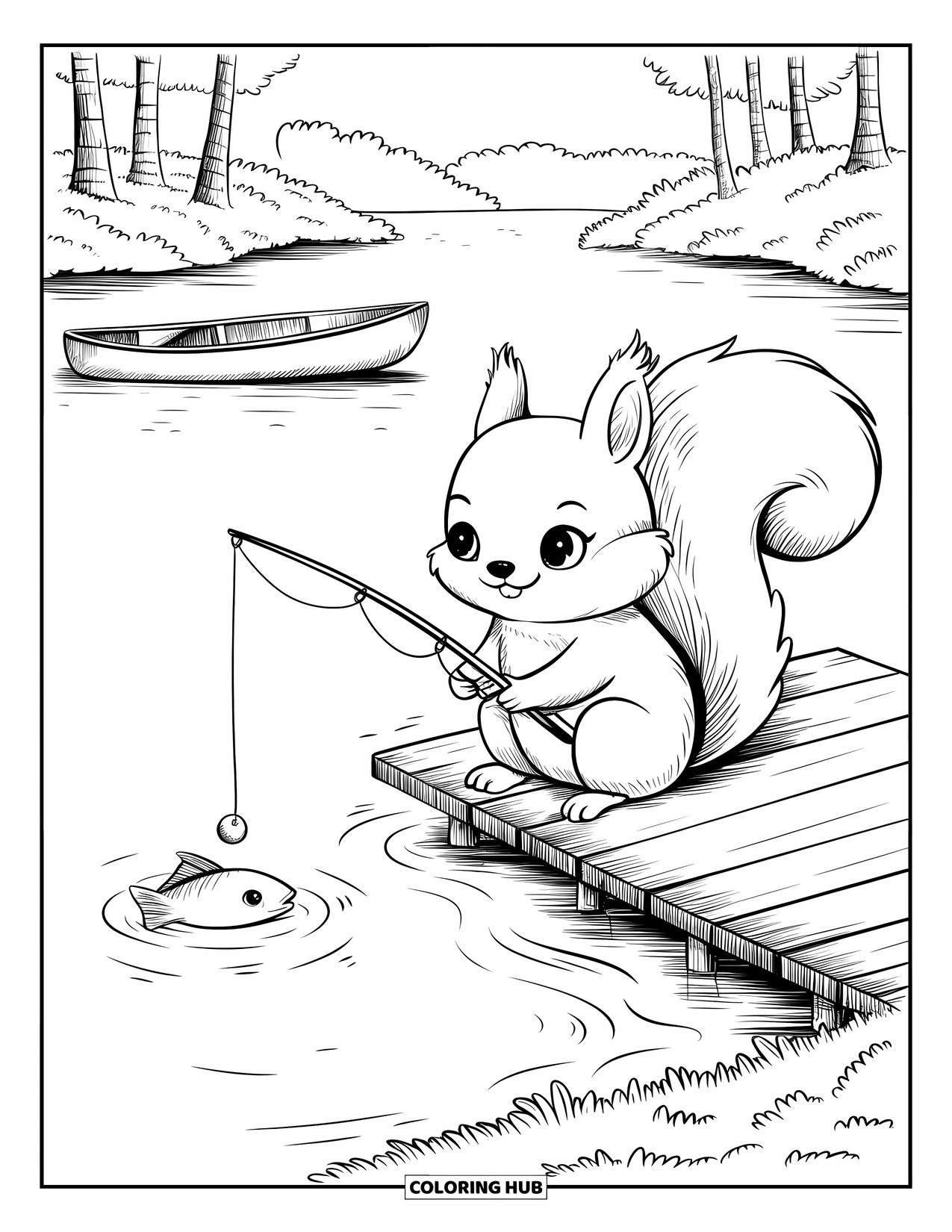Camping Coloring Page for Adults: A squirrel casting a line into the lake, a canoe tied up nearby