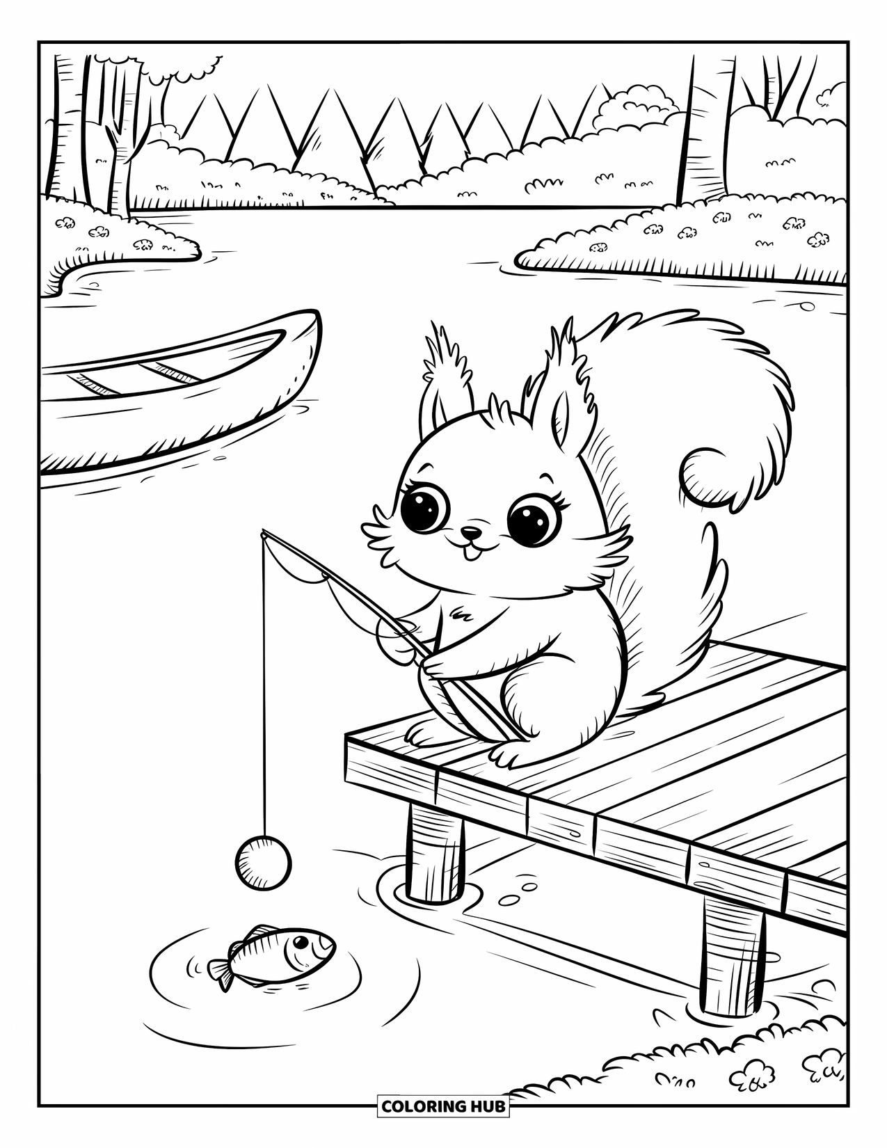 Camping Coloring Page for Adults: A squirrel holding a tiny fishing rod, sitting on a dock with trees behind