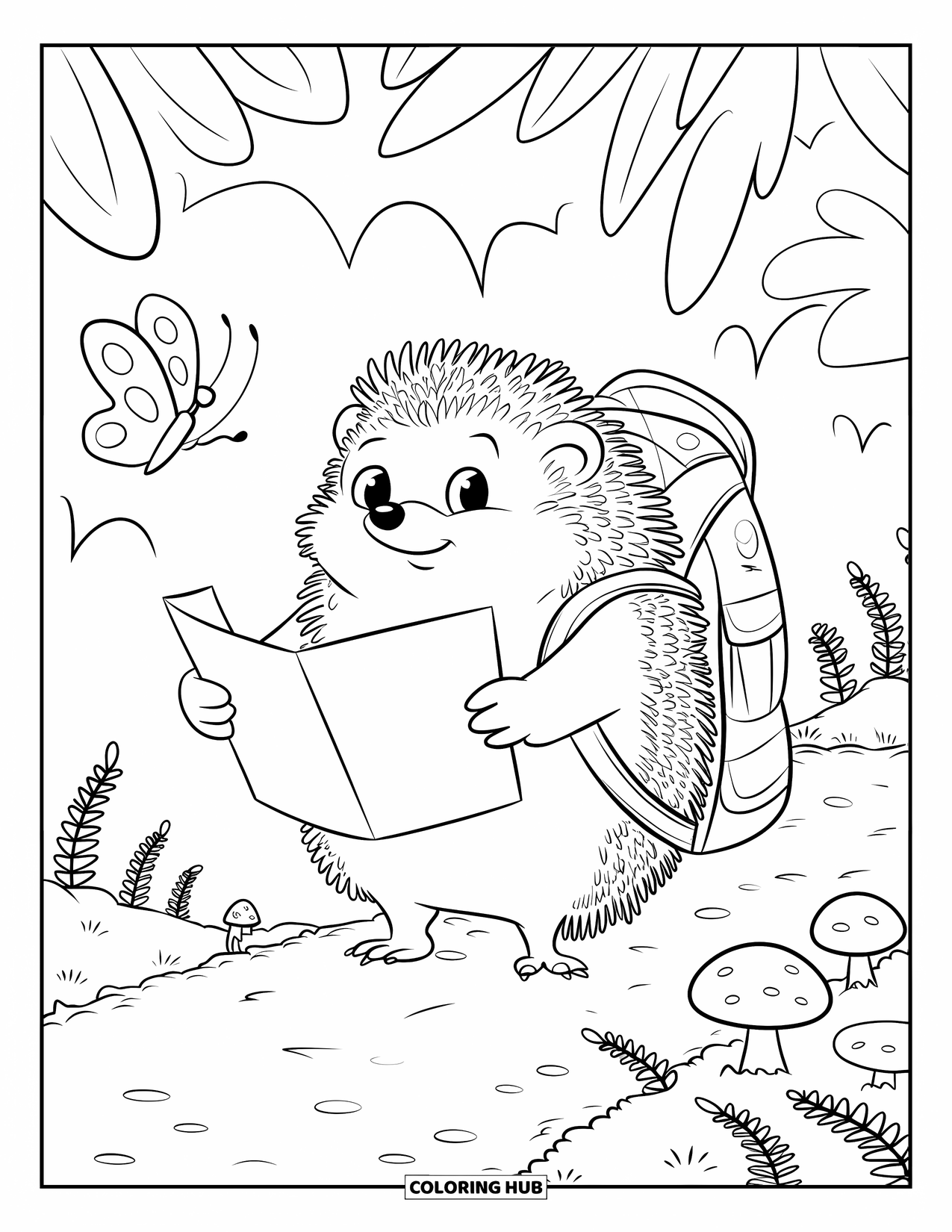 Camping Coloring Page for Adults: A tiny explorer hedgehog with an oversized backpack, curiously studying a map