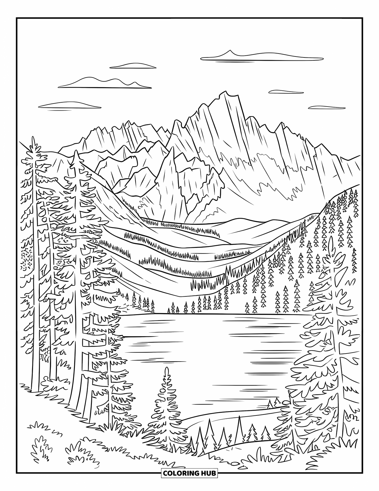 Camping Coloring Page for Adults: A tranquil lake reflecting jagged mountain peaks, surrounded by patterned tree trunks