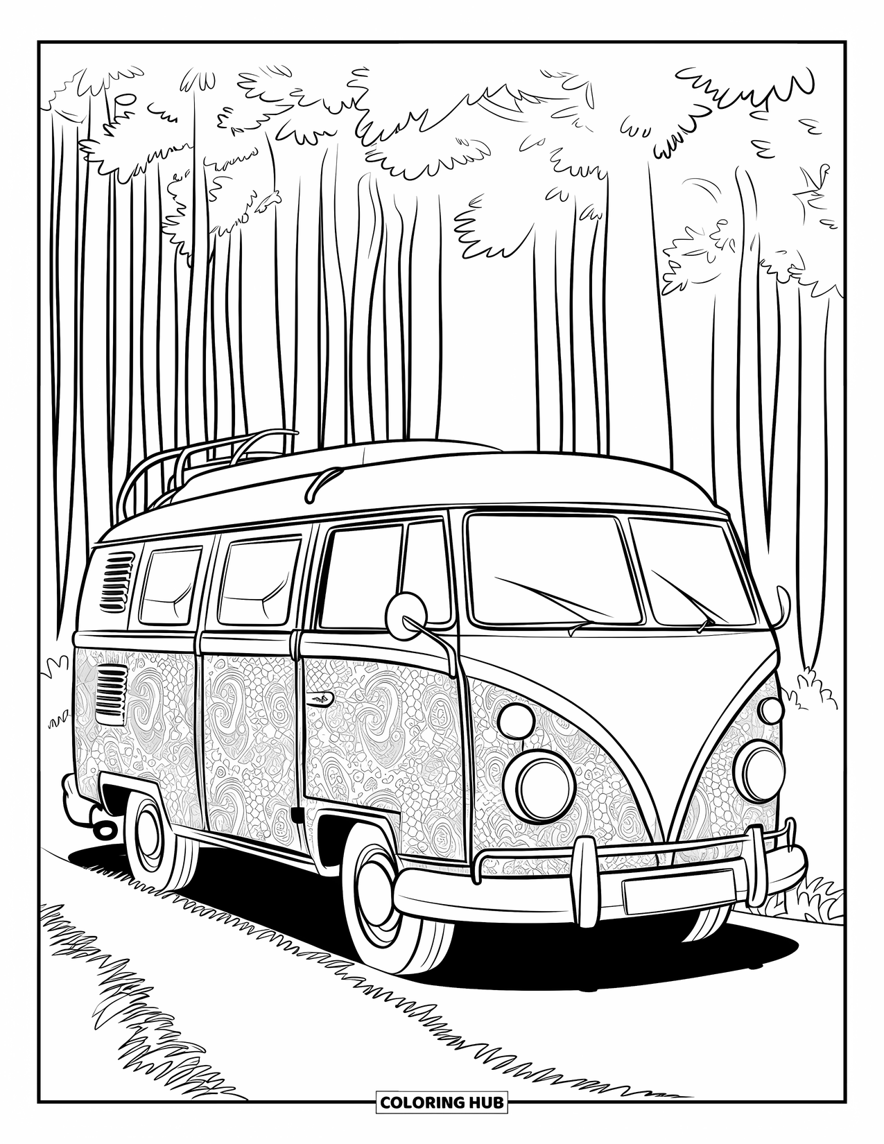 Camping Coloring Page for Adults: A vintage camper van with a paisley pattern, parked beside a dense forest