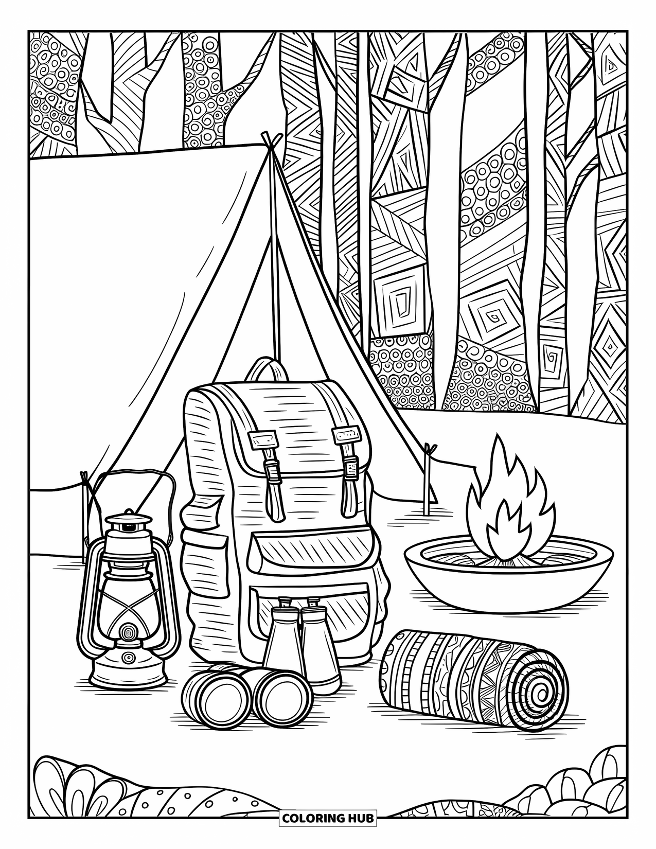 Camping Coloring Page for Adults: A well-organized campsite setup with gear, a fire pit, and intricate forest details