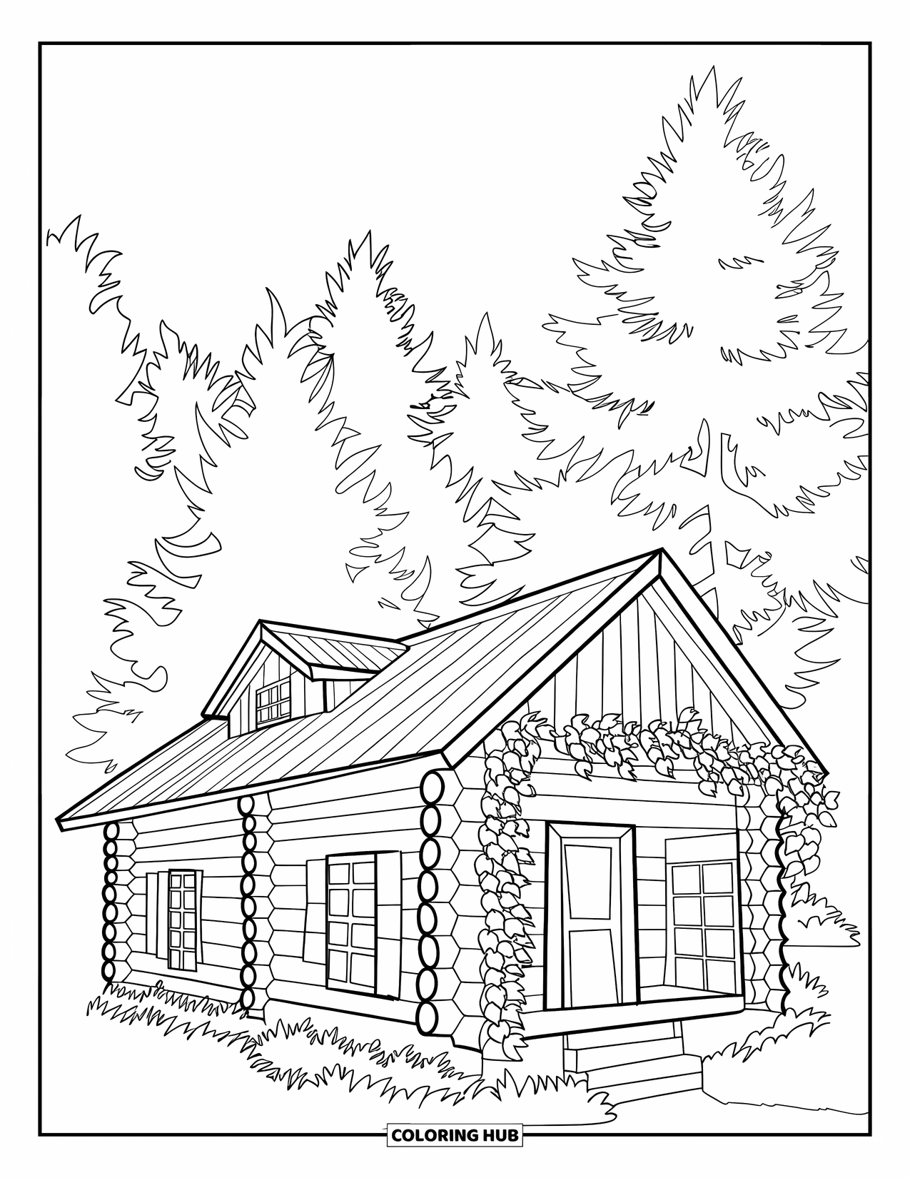 Camping Coloring Page for Adults: A wooden cabin deep in the forest, decorated with ivy and intricate woodwork details