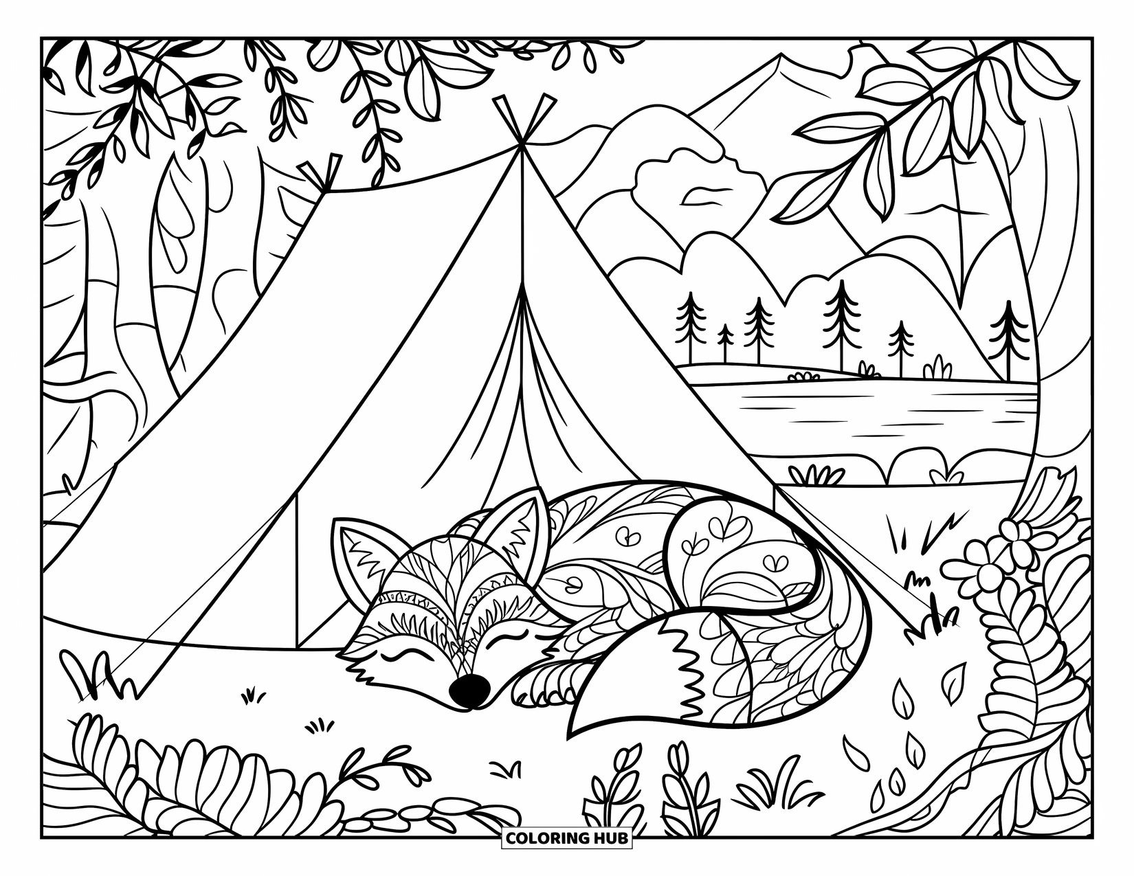 Camping Coloring Page for Adults: A woodland fox sleeps near a tent, surrounded by detailed foliage and tall trees