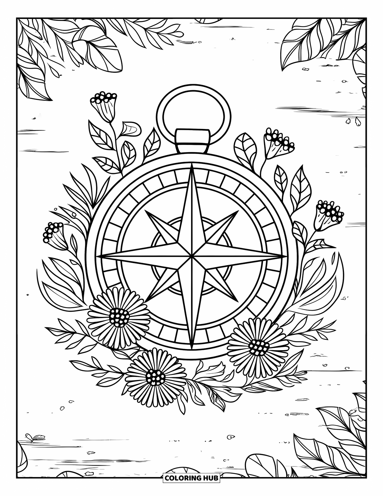Camping Coloring Page for Adults: An artistic compass with delicate floral elements, set against a subtle textured background