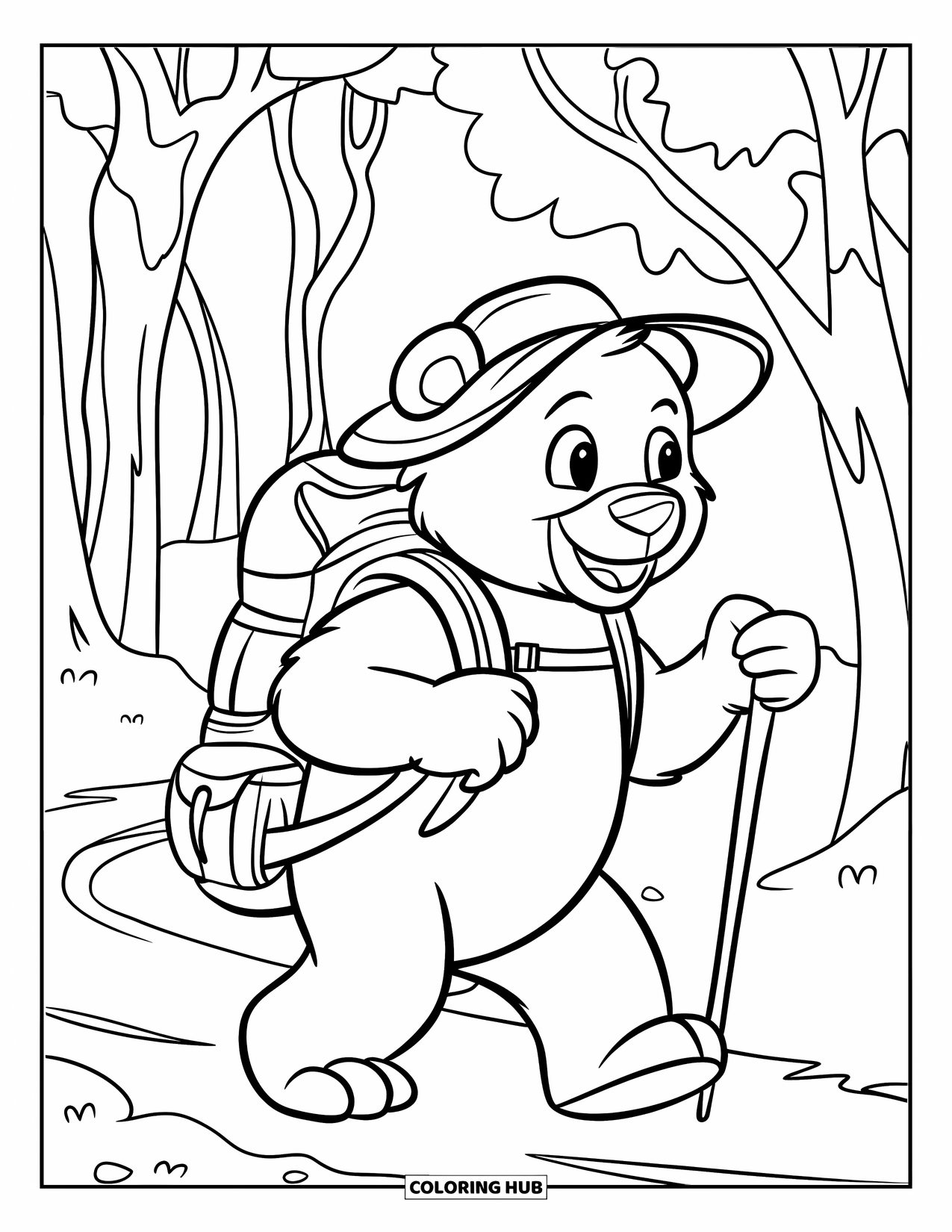 Camping Coloring Page for Kids: A bear in a hat and backpack, trekking through a scenic woodland path
