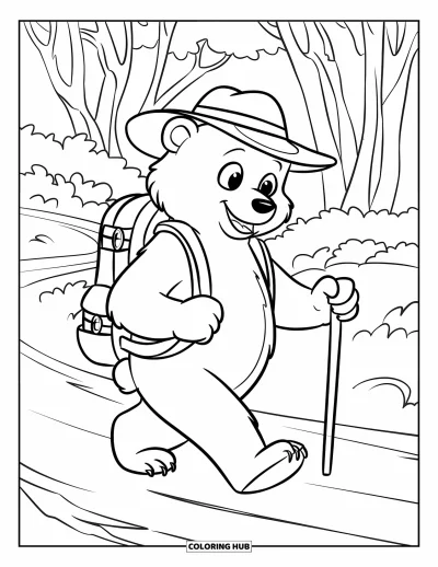 Camping Coloring Page for Kids: A bear with a backpack and hiking stick walking along a forest trail