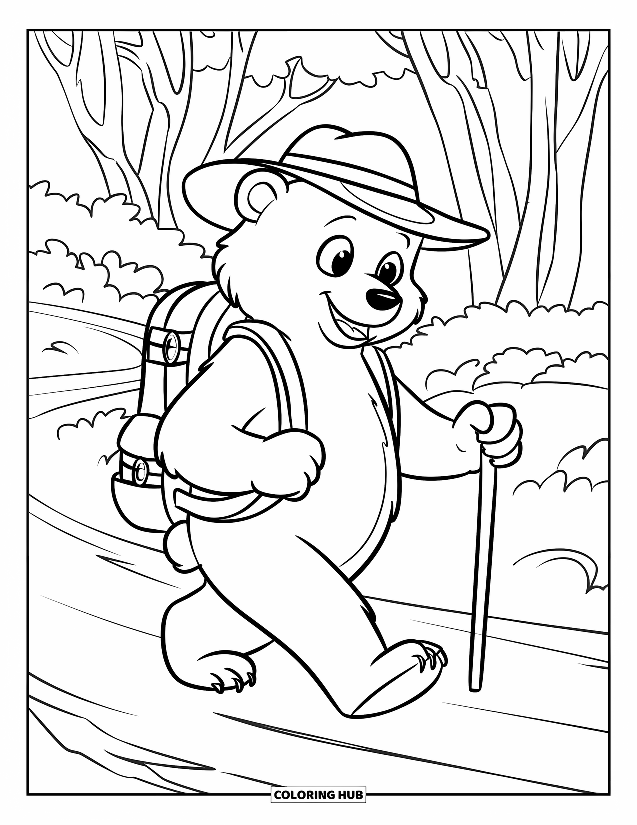 Camping Coloring Page for Kids: A bear with a backpack and hiking stick walking along a forest trail