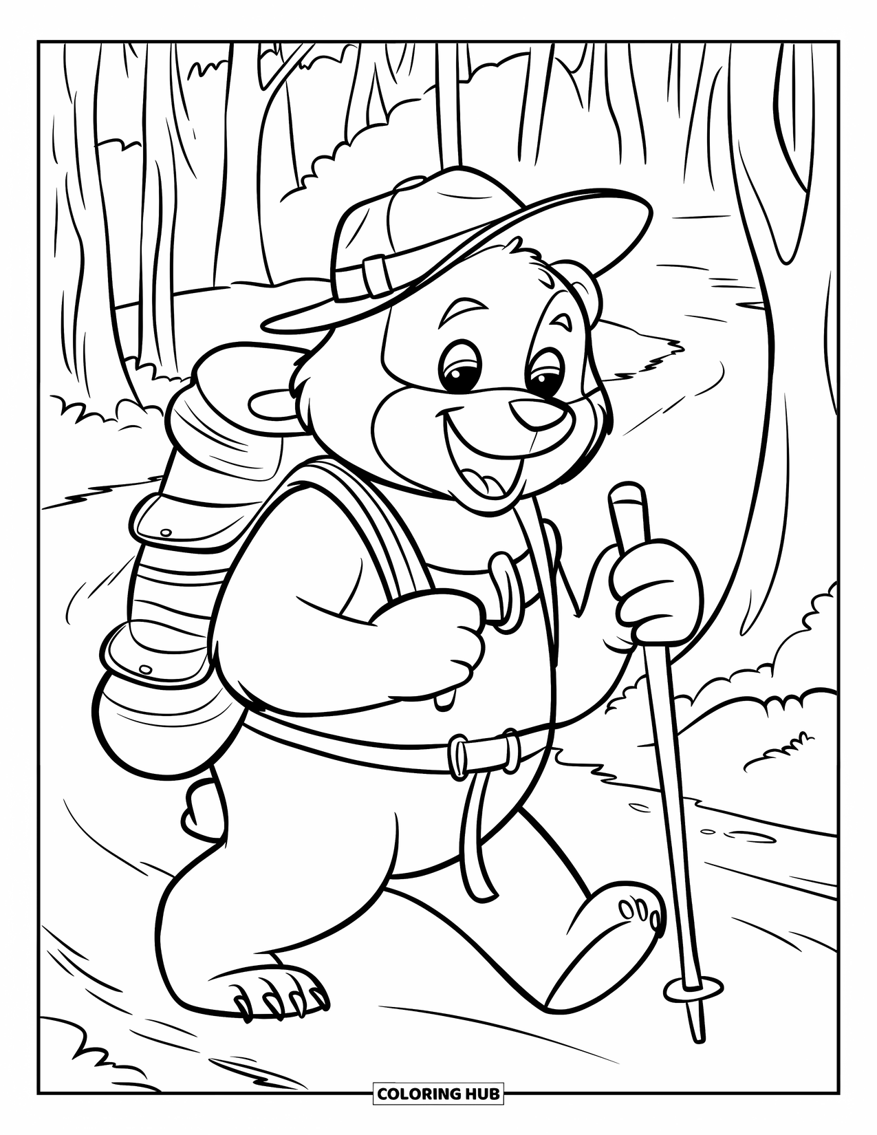 Camping Coloring Page for Kids: A bear with a hiking stick making its way through a peaceful forest