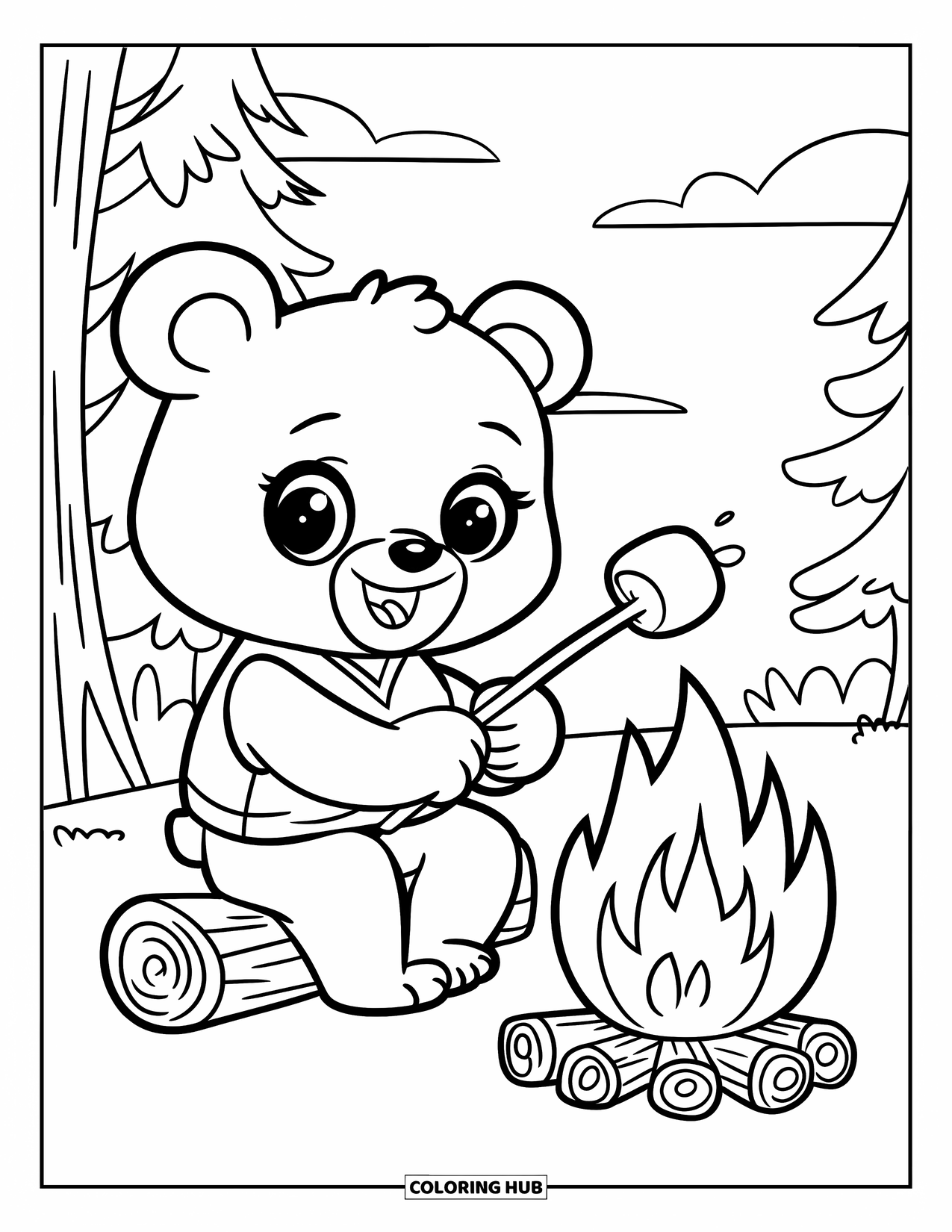 Camping Coloring Page for Kids: A bear with a stick and marshmallow enjoys a cozy night by the fire