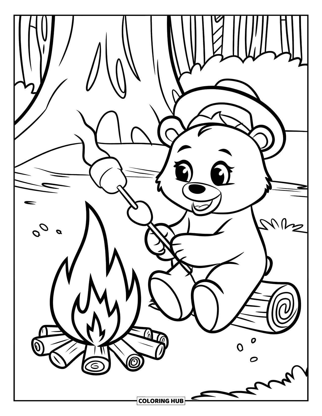 Camping Coloring Page for Kids: A bear with big eyes and a vest toasts a marshmallow by a glowing fire