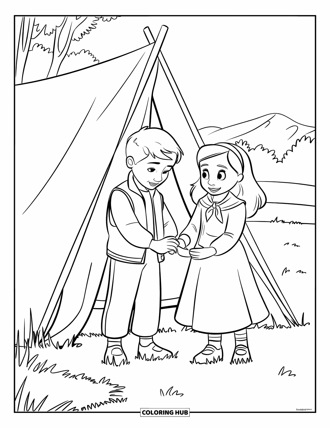 Camping Coloring Page for Kids: A boy and girl setting up a tent together on a grassy field with trees