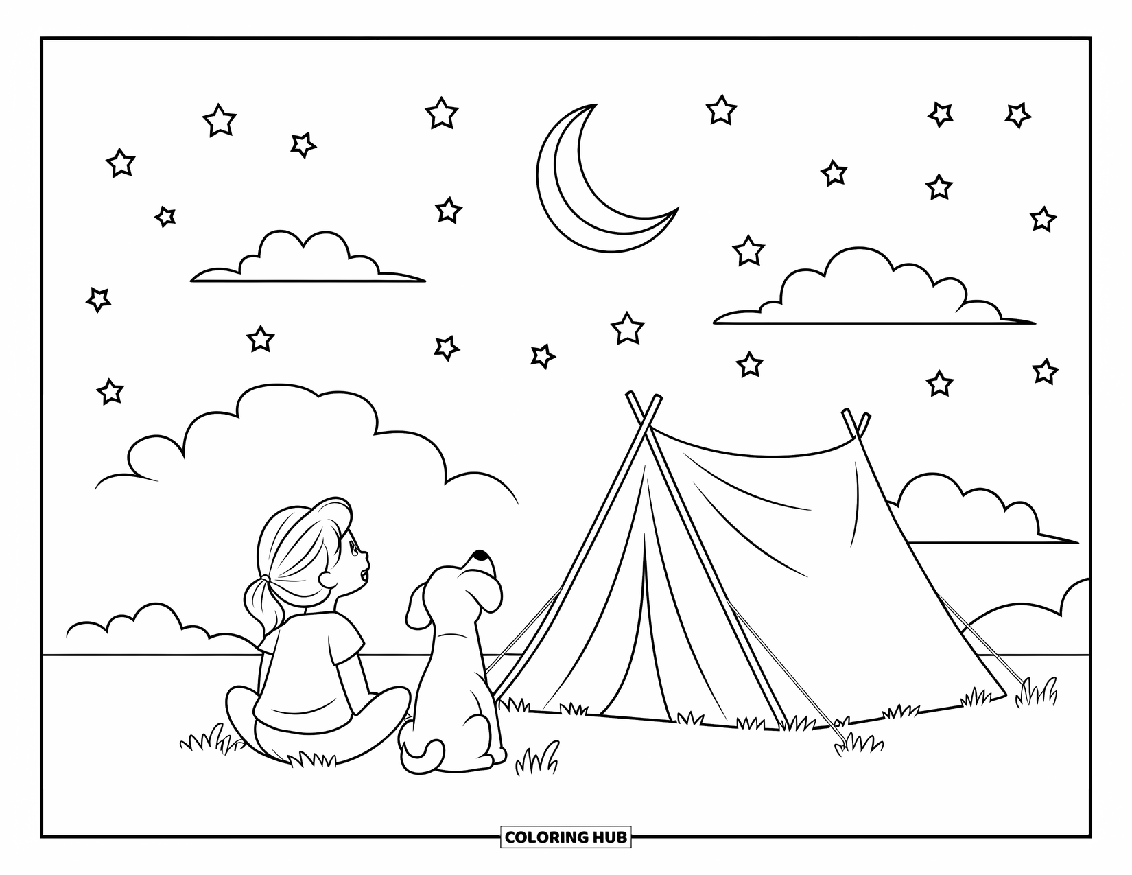 Camping Coloring Page for Kids: A camper and her dog admire the night sky filled with stars and fluffy clouds