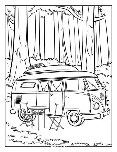 Camping Coloring Page for Kids: A camper van with a round roof, parked among tall trees with a picnic setup