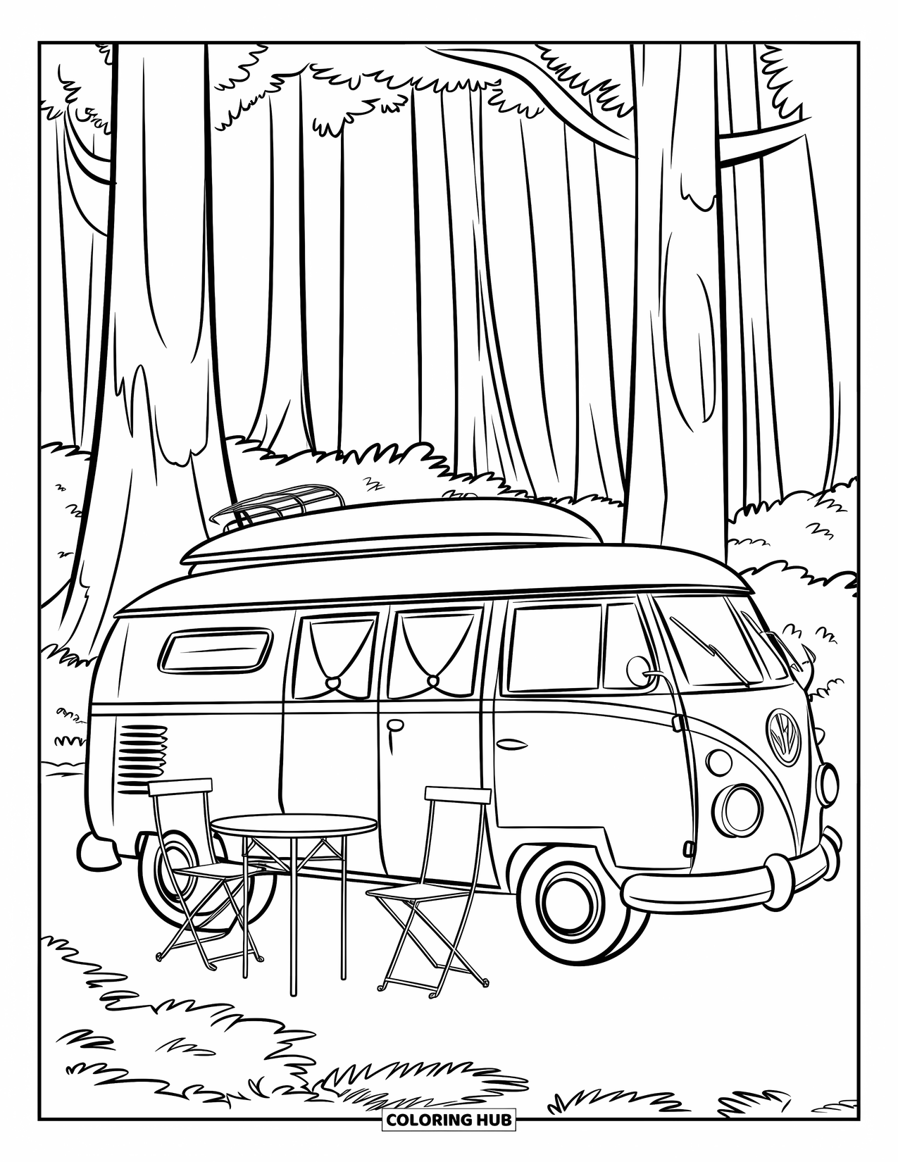 Camping Coloring Page for Kids: A camper van with a round roof, parked among tall trees with a picnic setup