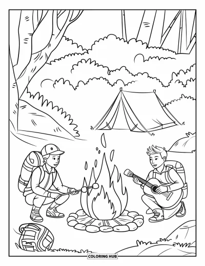 Camping Coloring Page for Kids: A campfire scene with a tent, backpack, and two adventurers enjoying the night
