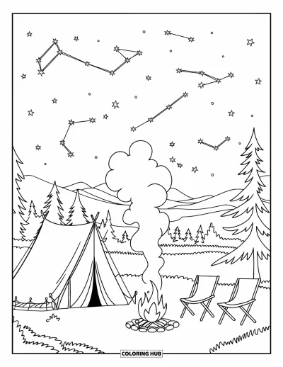 Camping Coloring Page for Kids: A campsite at night with a campfire, tent, and a star-filled sky