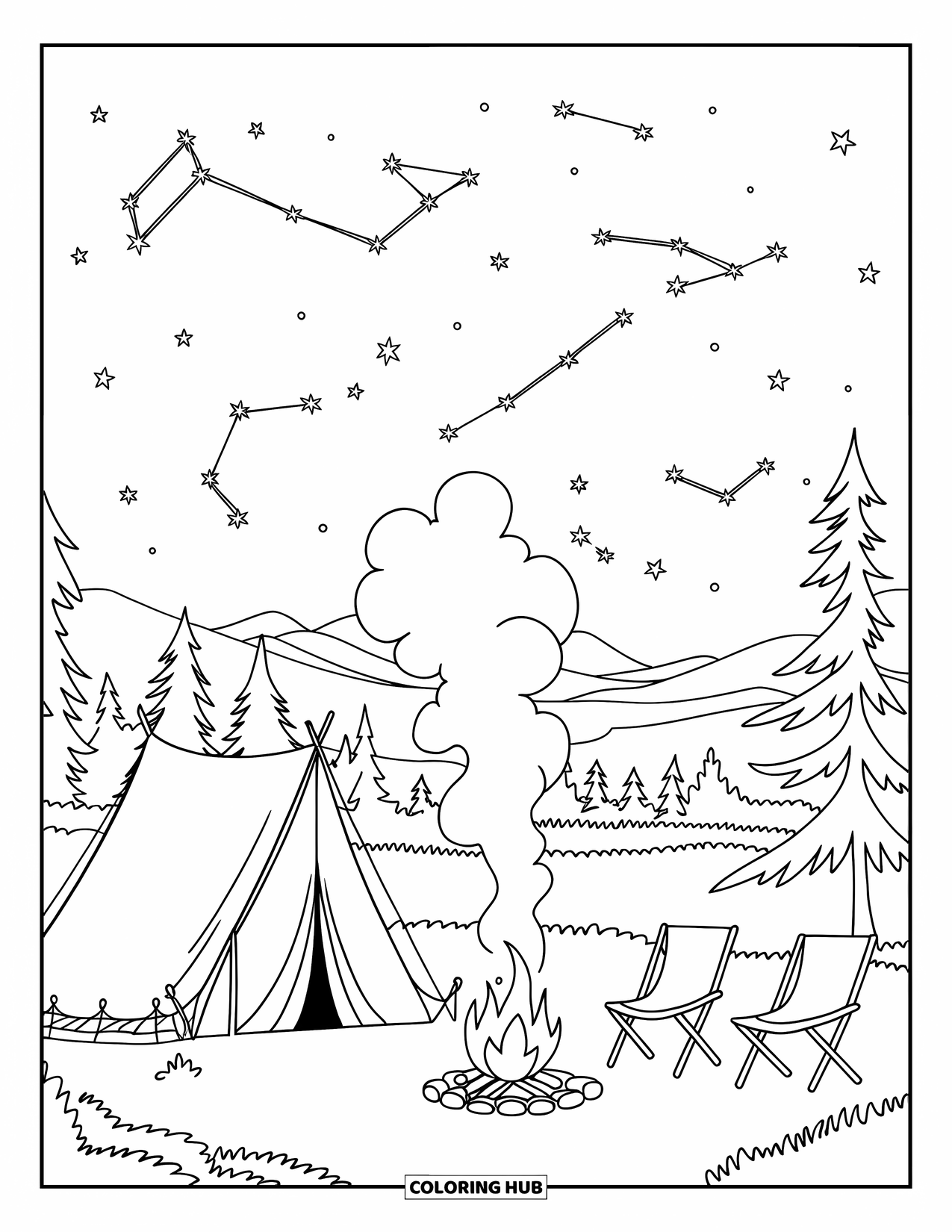 Camping Coloring Page for Kids: A campsite at night with a campfire, tent, and a star-filled sky
