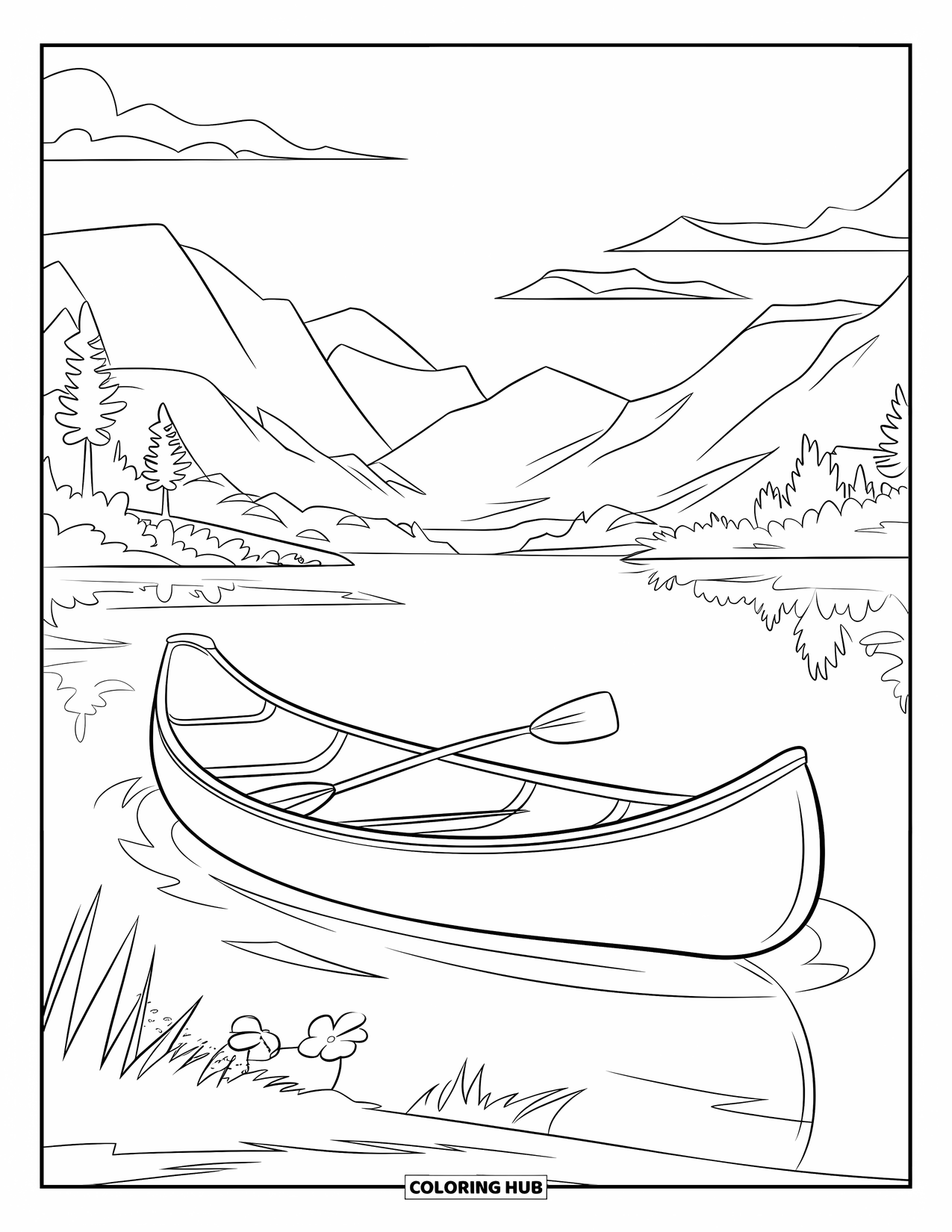 Camping Coloring Page for Kids: A canoe floats on a calm lake, with a single paddle resting inside