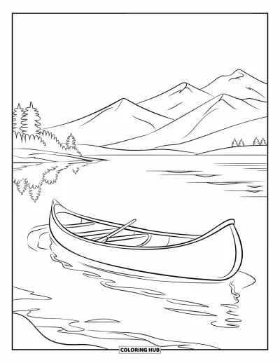 Camping Coloring Page for Kids: A canoe glides across a peaceful lake, with trees lining the distant shore