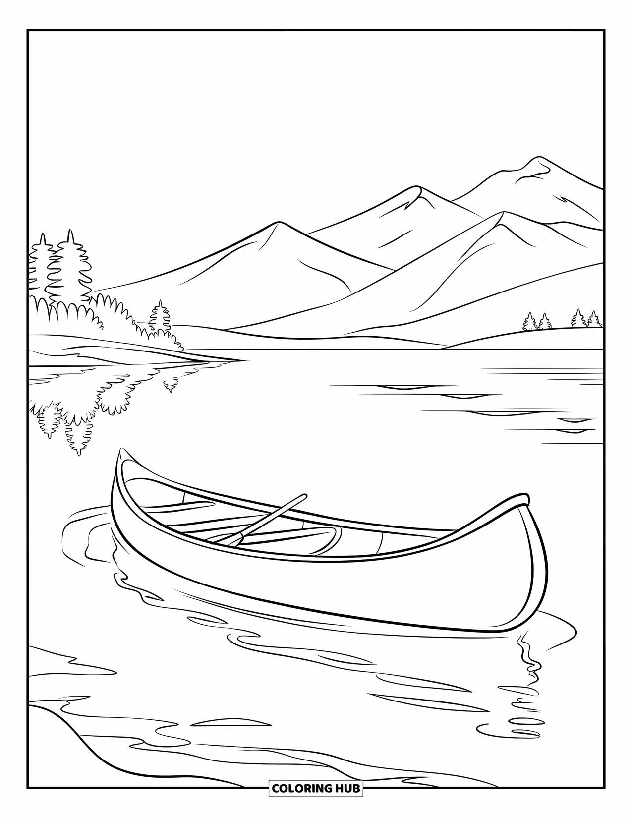 Camping Coloring Page for Kids: A canoe glides across a peaceful lake, with trees lining the distant shore
