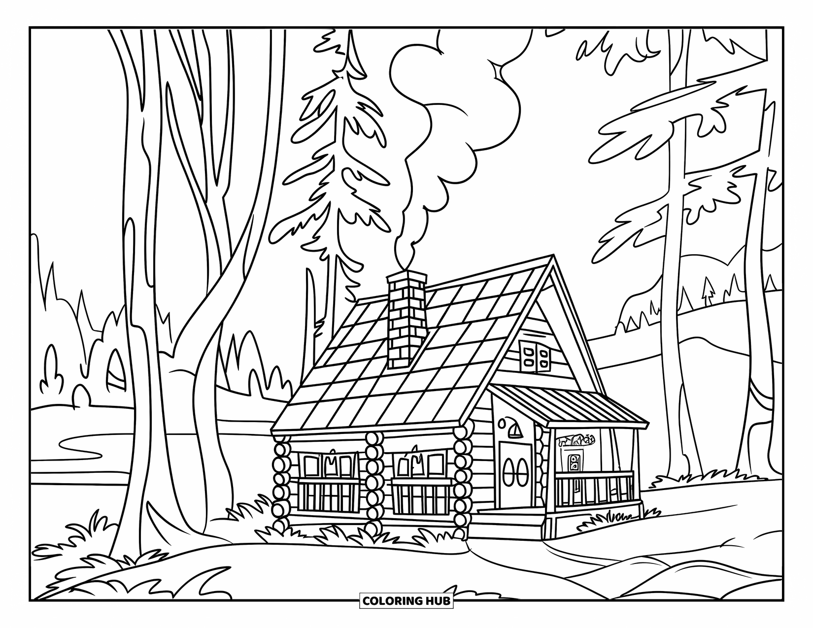 Camping Coloring Page for Kids: A charming log cabin surrounded by tall trees, overlooking a peaceful lake