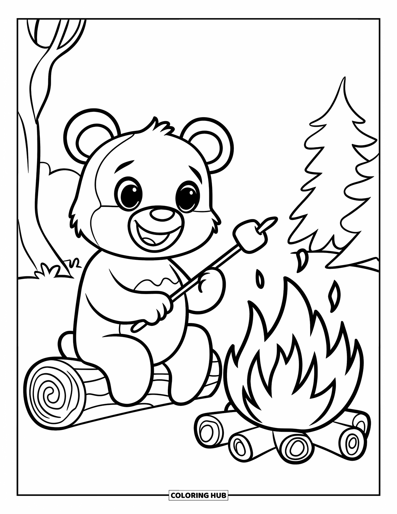 Camping Coloring Page for Kids: A cheerful bear in a hat roasts a marshmallow, sitting near a forest campfire