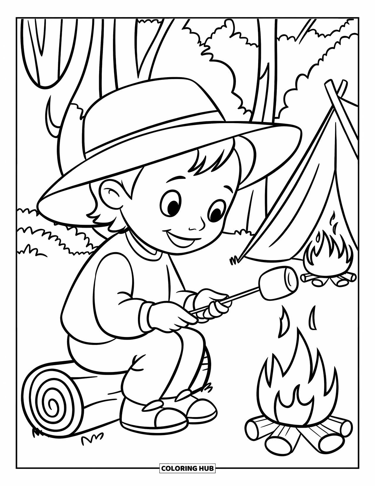 Camping Coloring Page for Kids: A child in a camping hat happily roasting a marshmallow over a campfire