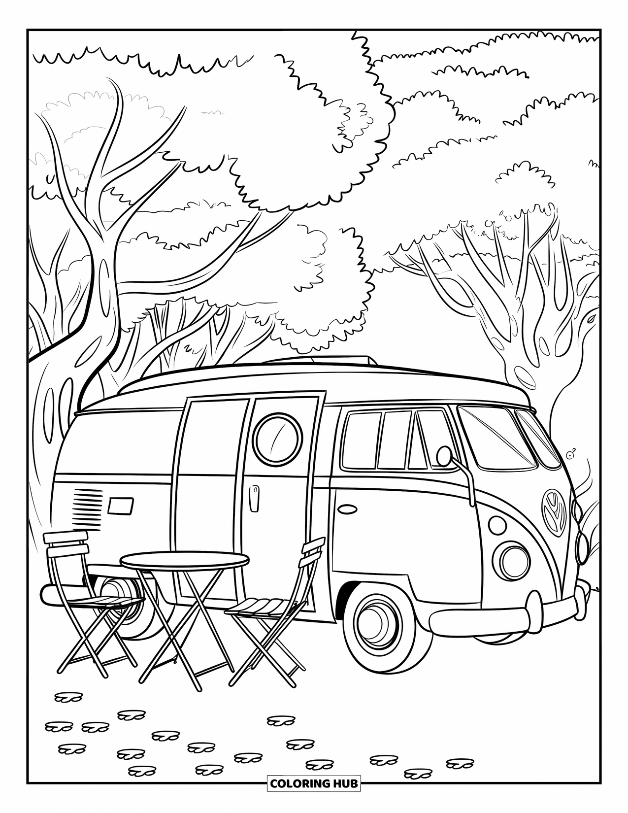 Camping Coloring Page for Kids: A cozy camper van in a peaceful forest with a small outdoor dining area