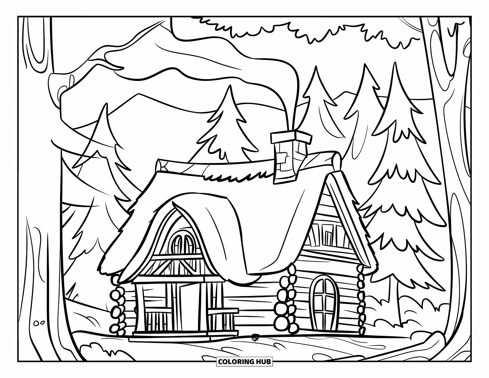 Camping Coloring Page for Kids: A cozy log cabin in the woods with smoke rising from its chimney